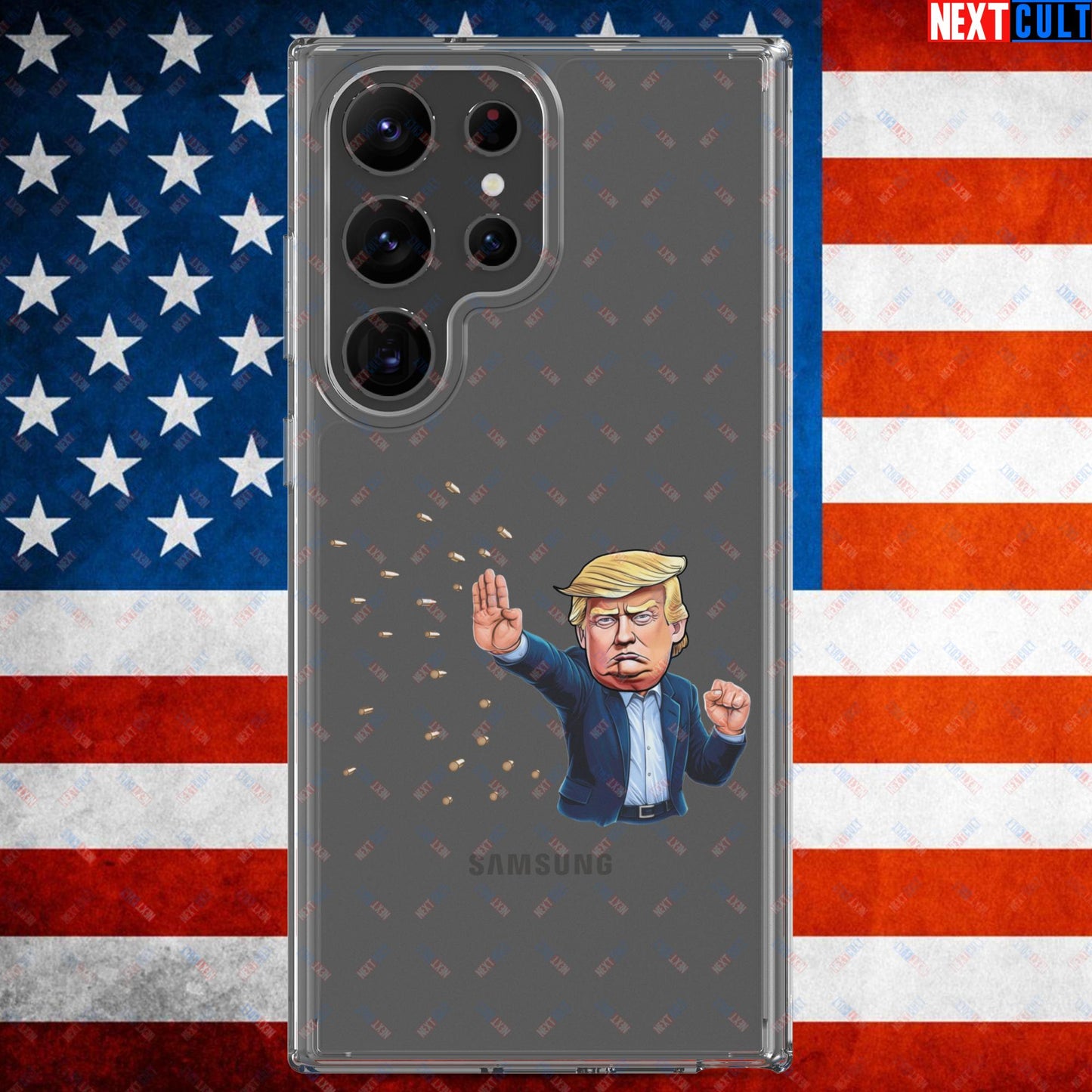 Donald Trump Shooting Assassination Attempt Funny Republican Politics Matrix Parody Clear Case for Samsung Samsung Galaxy S23 Ultra Mobile Phone Cases Conspiracy Theories Donald Trump Politics Republicans Next Cult Brand