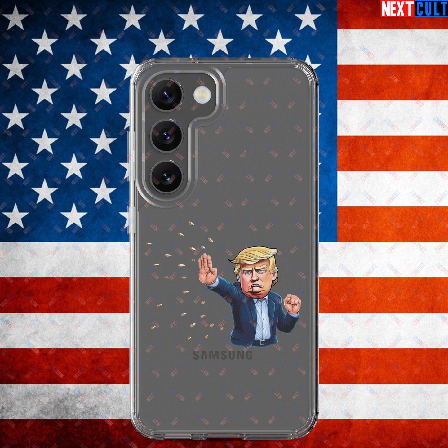 Donald Trump Shooting Assassination Attempt Funny Republican Politics Matrix Parody Clear Case for Samsung Samsung Galaxy S23 Mobile Phone Cases Conspiracy Theories Donald Trump Politics Republicans Next Cult Brand