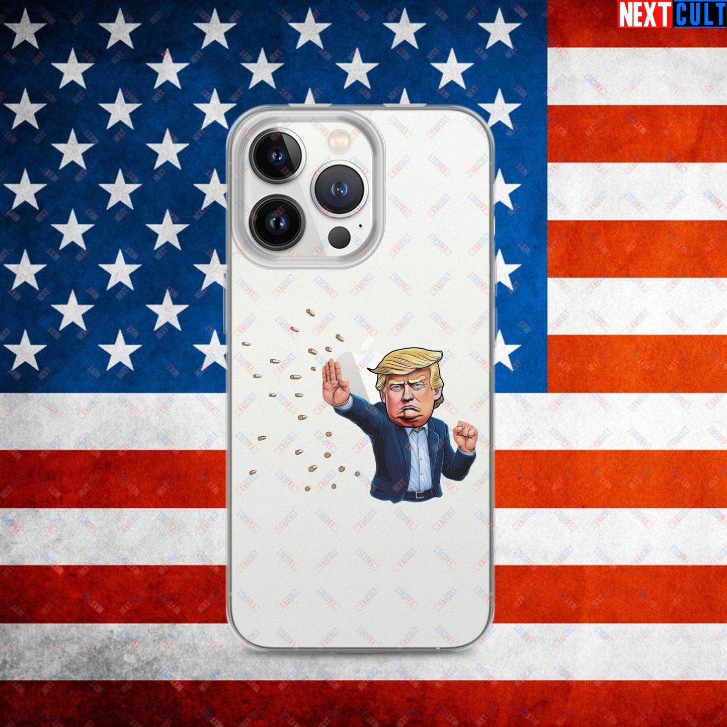 Donald Trump Shooting Assassination Attempt Funny Republican Politics Matrix Parody Clear Case for iPhone iPhone 13 Pro Mobile Phone Cases Conspiracy Theories Donald Trump Politics Republicans Next Cult Brand