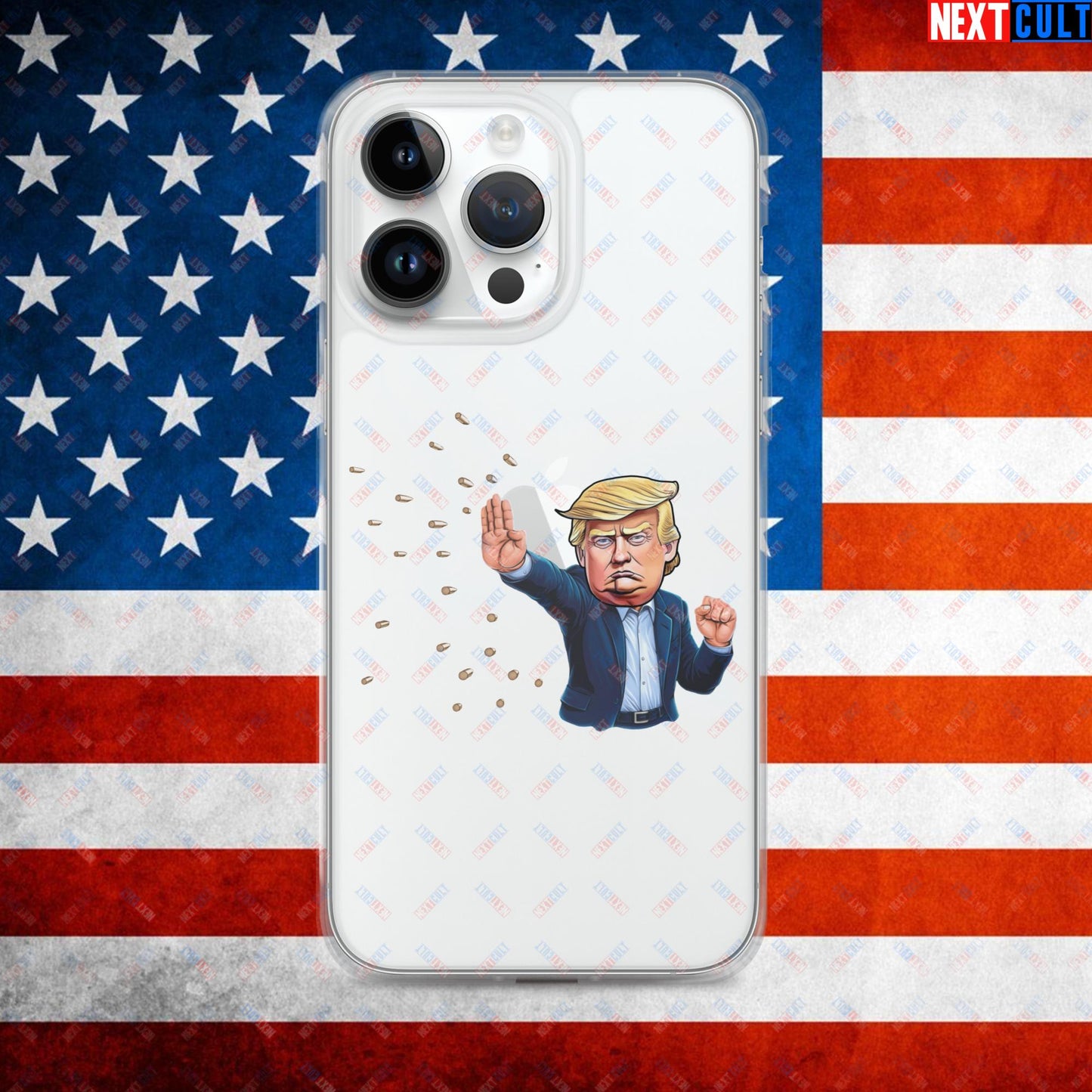 Donald Trump Shooting Assassination Attempt Funny Republican Politics Matrix Parody Clear Case for iPhone iPhone 14 Pro Max Mobile Phone Cases Conspiracy Theories Donald Trump Politics Republicans Next Cult Brand