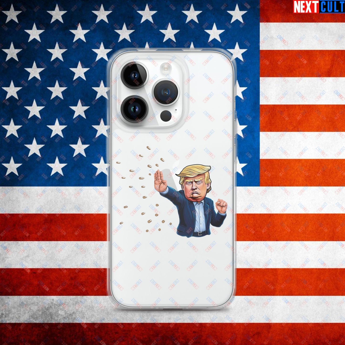 Donald Trump Shooting Assassination Attempt Funny Republican Politics Matrix Parody Clear Case for iPhone iPhone 14 Pro Mobile Phone Cases Conspiracy Theories Donald Trump Politics Republicans Next Cult Brand