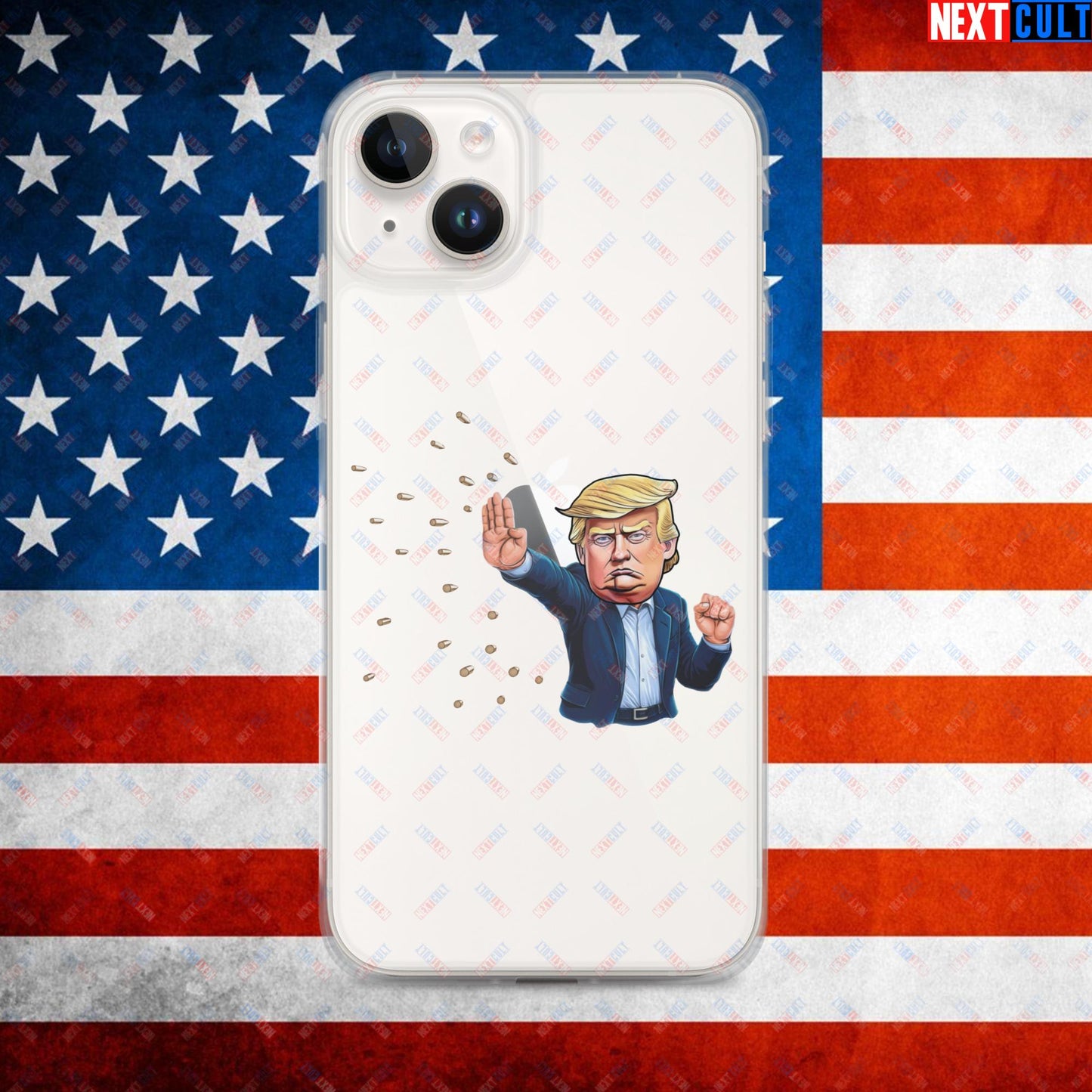 Donald Trump Shooting Assassination Attempt Funny Republican Politics Matrix Parody Clear Case for iPhone iPhone 14 Plus Mobile Phone Cases Conspiracy Theories Donald Trump Politics Republicans Next Cult Brand