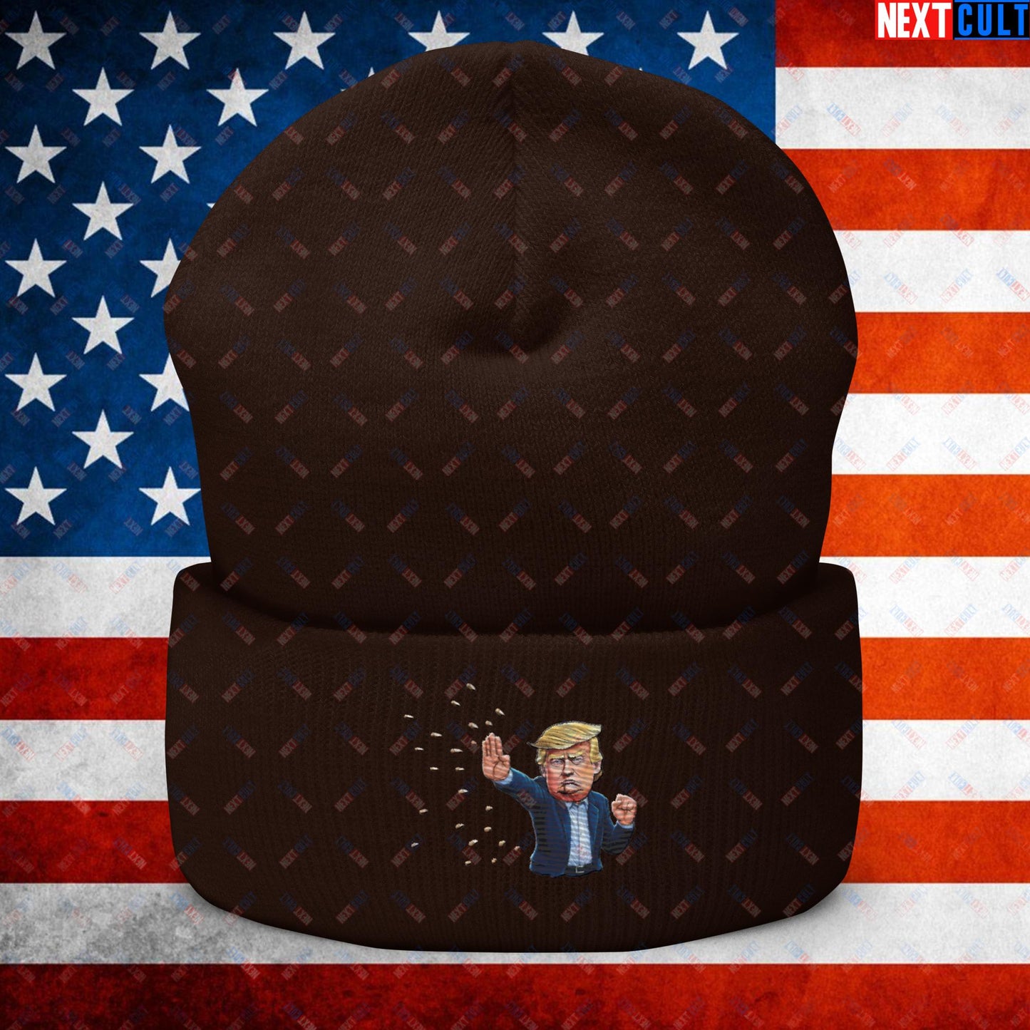 Donald Trump Shooting Assassination Attempt Funny Republican Politics Matrix Parody Cuffed Beanie Brown Hats Conspiracy Theories Donald Trump Politics Republicans Next Cult Brand