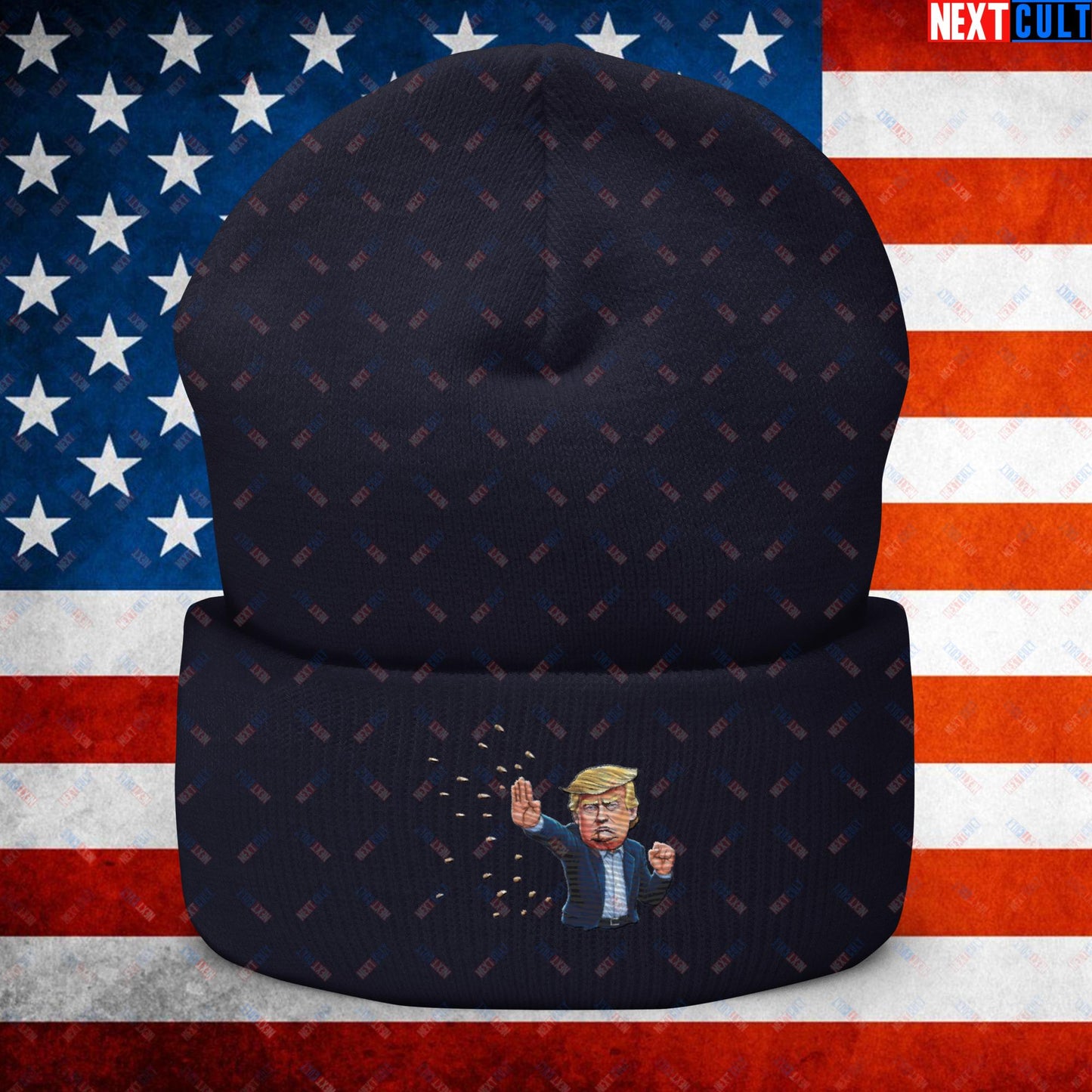 Donald Trump Shooting Assassination Attempt Funny Republican Politics Matrix Parody Cuffed Beanie Navy Hats Conspiracy Theories Donald Trump Politics Republicans Next Cult Brand