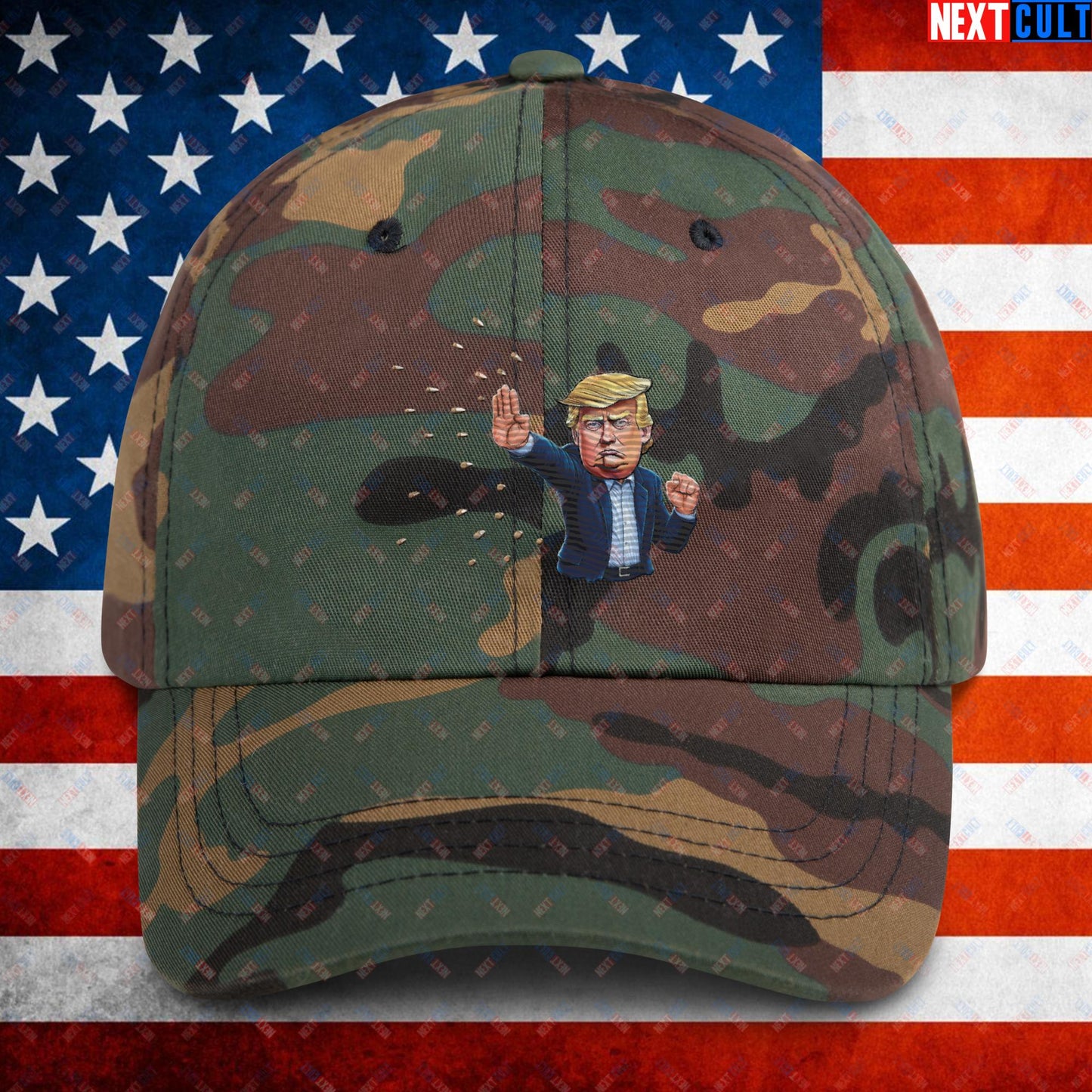 Donald Trump Shooting Assassination Attempt Funny Republican Politics Matrix Parody Dad hat Green Camo Hats Conspiracy Theories Donald Trump Politics Republicans Next Cult Brand