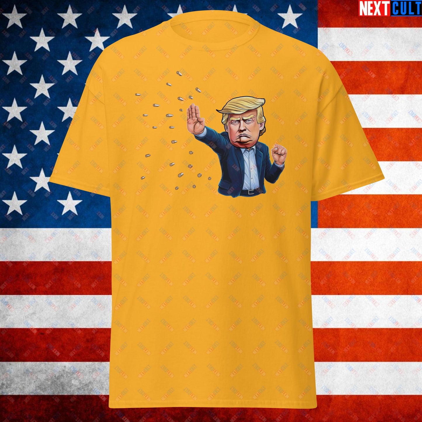 Donald Trump Shooting Assassination Attempt Funny Republican Politics Matrix Parody Unisex tee Gold T-shirts Conspiracy Theories Donald Trump Politics Republicans Next Cult Brand