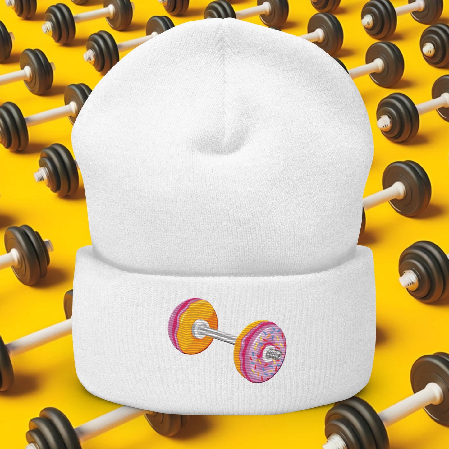 Donut Dumbbell Donuts Barbell Funny Bulk Diet Gym Workout Fitness Bodybuilding Cuffed Beanie White Hats Bodybuilding Bulking Donuts Fast Food Fitness Gym Workout Next Cult Brand