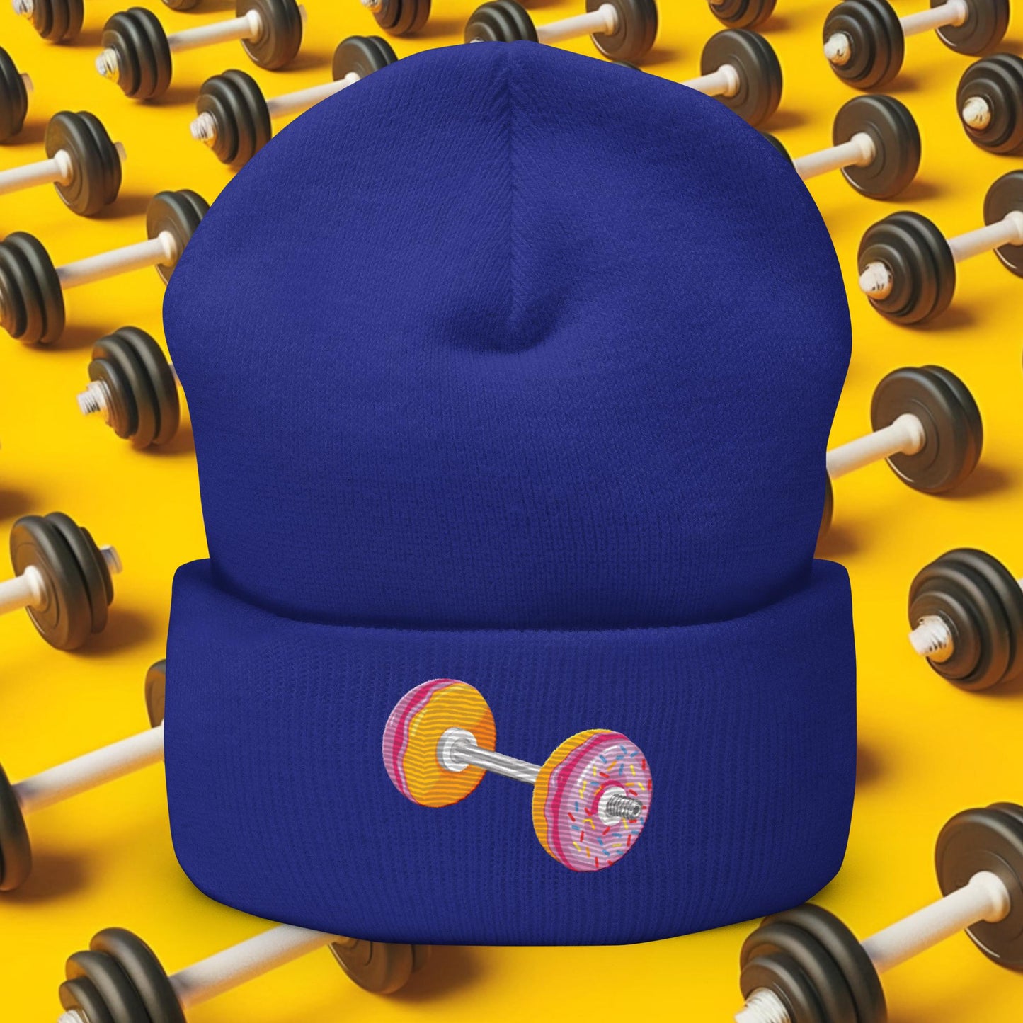 Donut Dumbbell Donuts Barbell Funny Bulk Diet Gym Workout Fitness Bodybuilding Cuffed Beanie Royal Hats Bodybuilding Bulking Donuts Fast Food Fitness Gym Workout Next Cult Brand