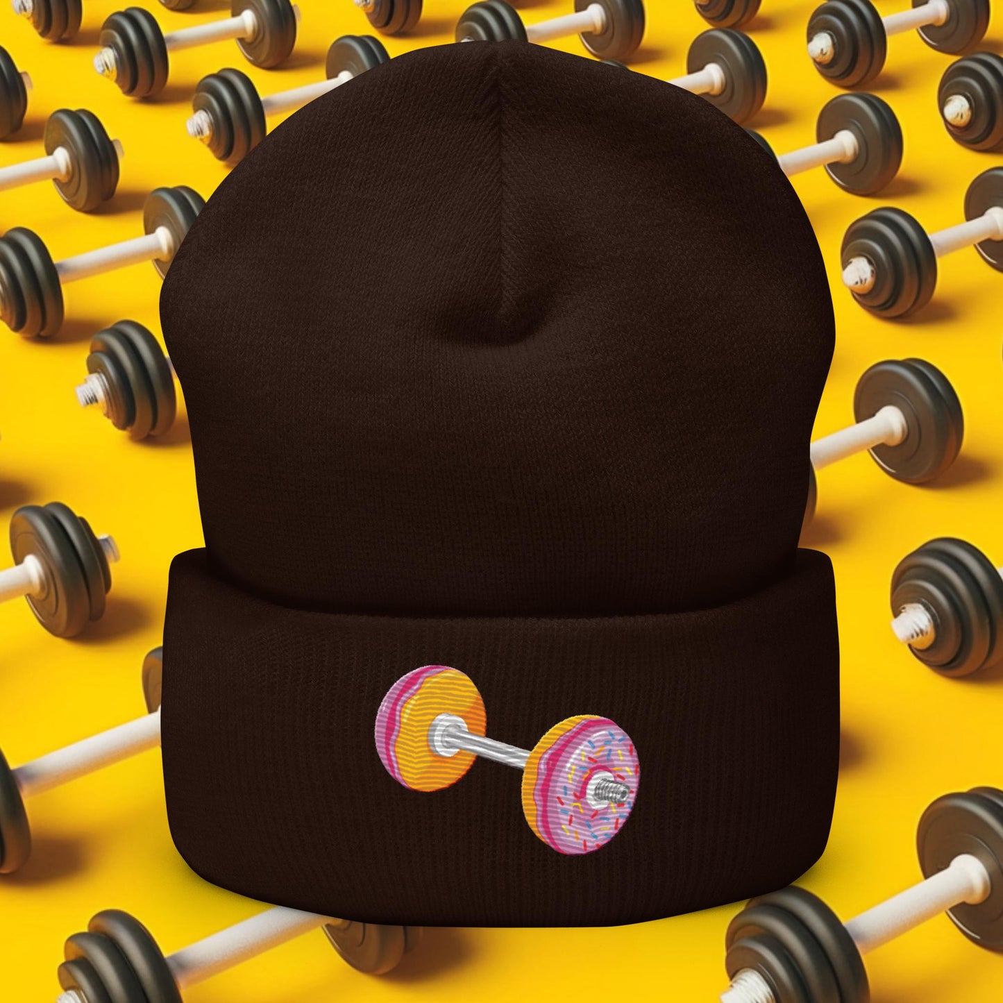 Donut Dumbbell Donuts Barbell Funny Bulk Diet Gym Workout Fitness Bodybuilding Cuffed Beanie Brown Hats Bodybuilding Bulking Donuts Fast Food Fitness Gym Workout Next Cult Brand