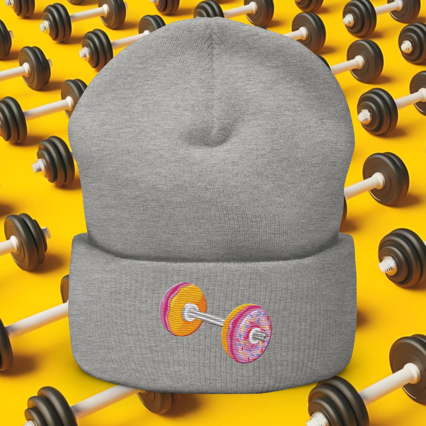 Donut Dumbbell Donuts Barbell Funny Bulk Diet Gym Workout Fitness Bodybuilding Cuffed Beanie Heather Grey Hats Bodybuilding Bulking Donuts Fast Food Fitness Gym Workout Next Cult Brand