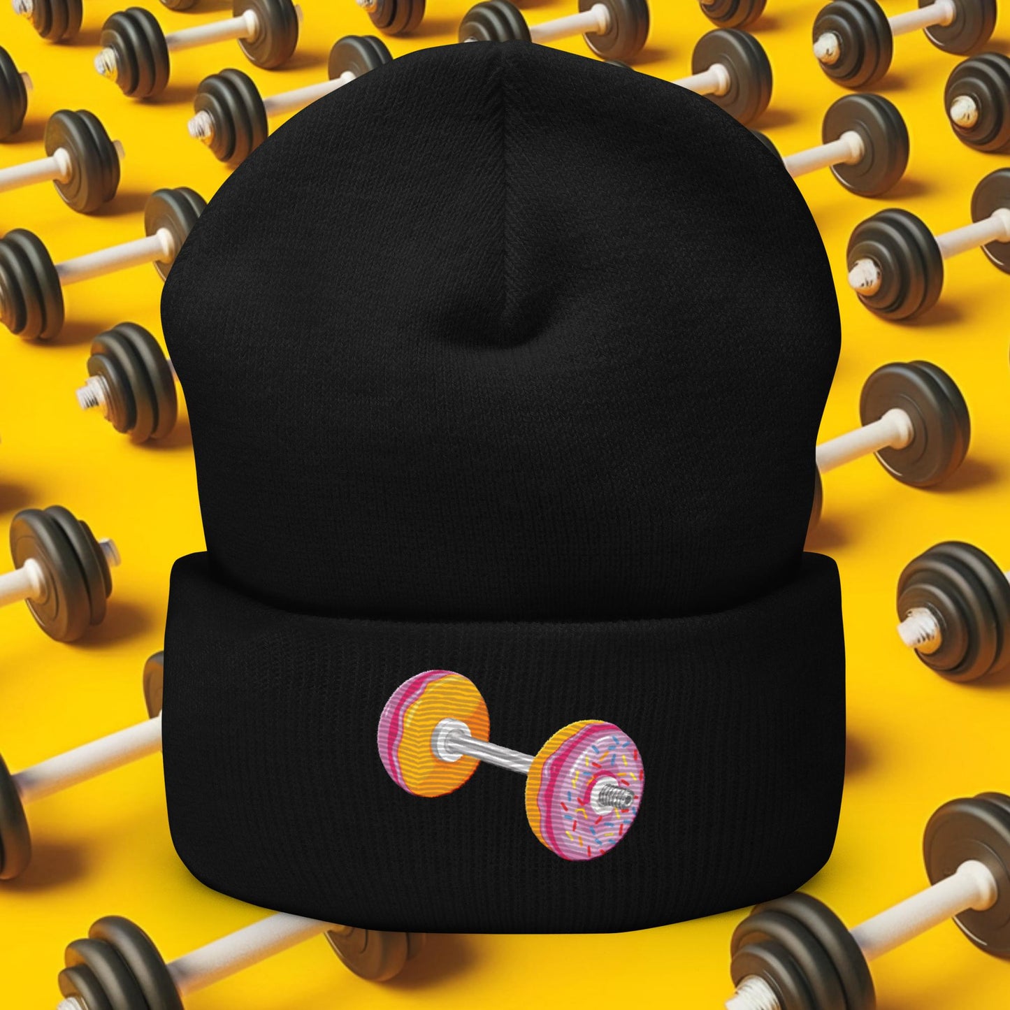 Donut Dumbbell Donuts Barbell Funny Bulk Diet Gym Workout Fitness Bodybuilding Cuffed Beanie Black Hats Bodybuilding Bulking Donuts Fast Food Fitness Gym Workout Next Cult Brand