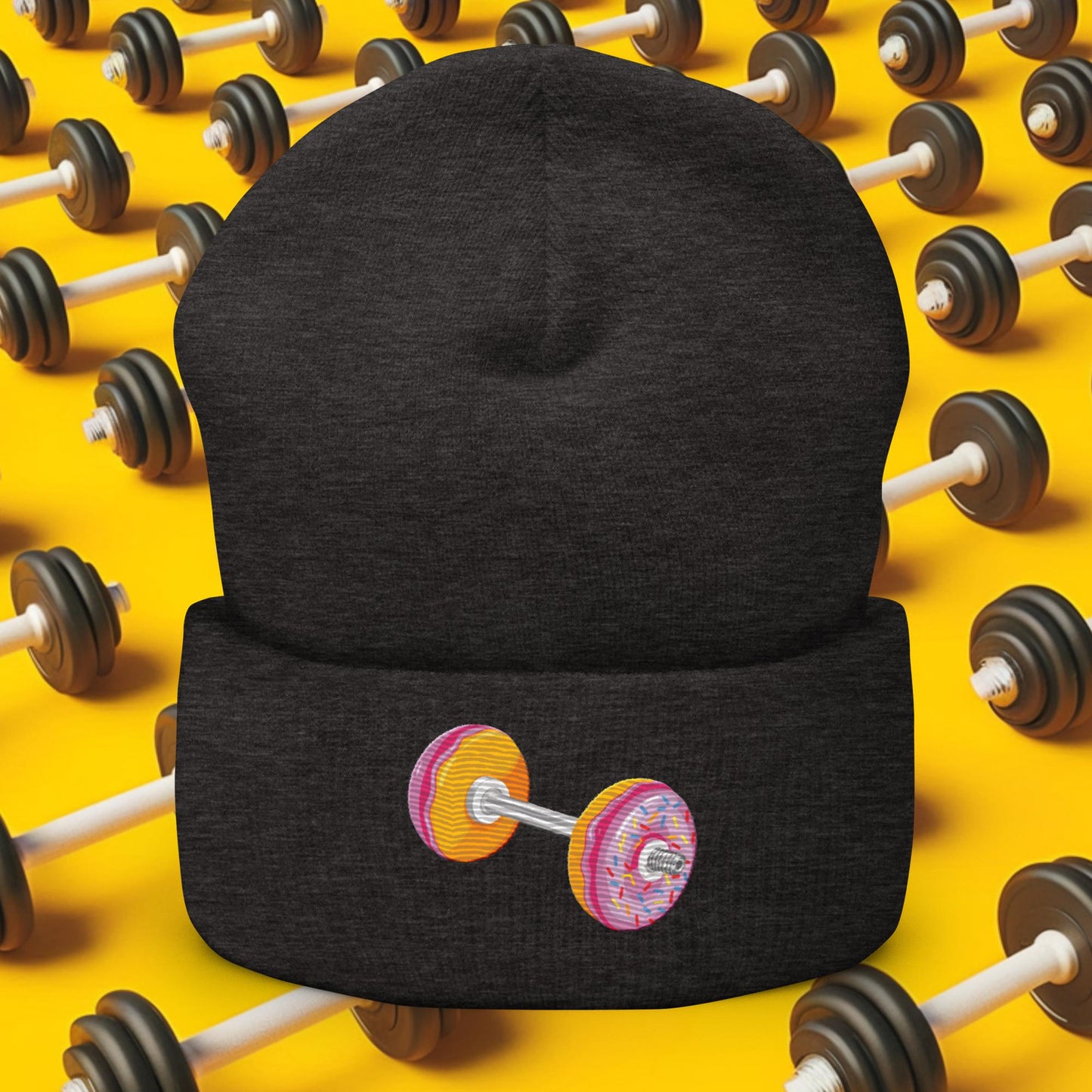 Donut Dumbbell Donuts Barbell Funny Bulk Diet Gym Workout Fitness Bodybuilding Cuffed Beanie Dark Grey Hats Bodybuilding Bulking Donuts Fast Food Fitness Gym Workout Next Cult Brand