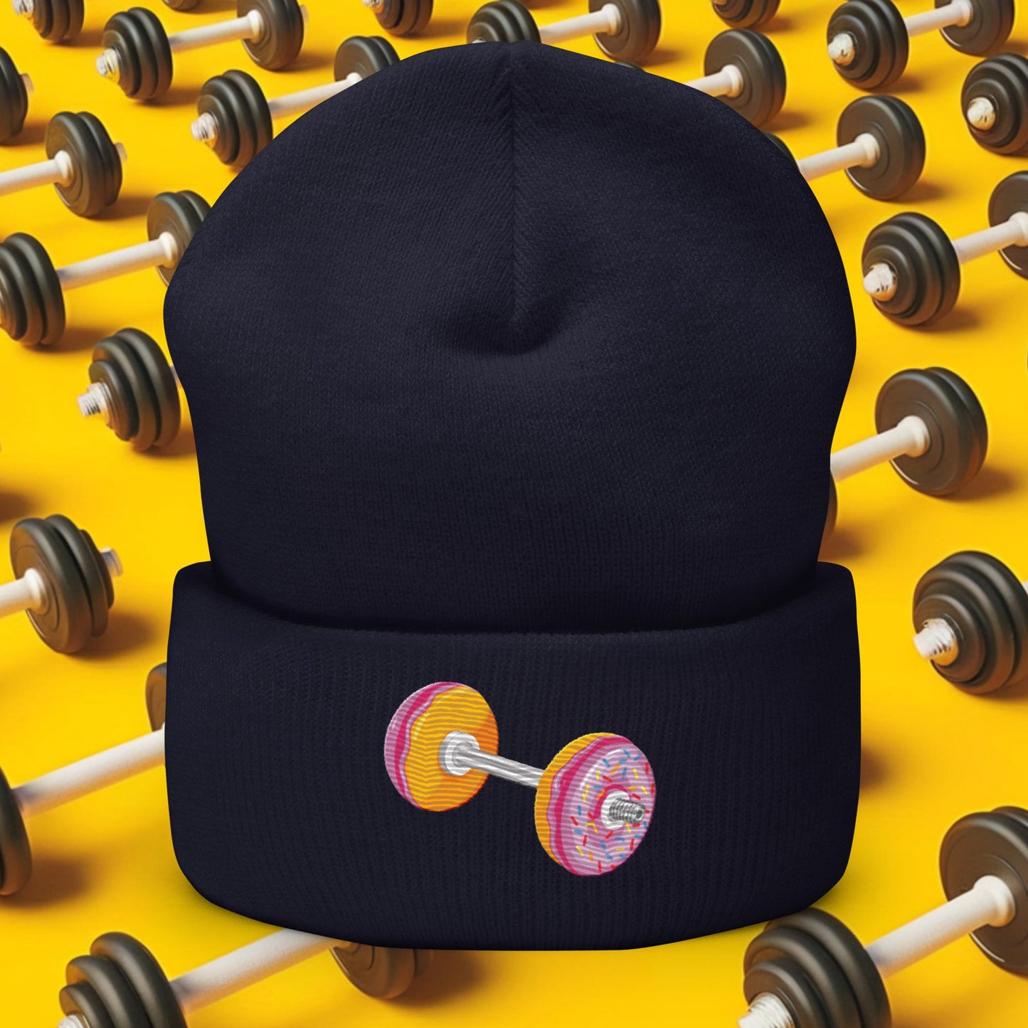 Donut Dumbbell Donuts Barbell Funny Bulk Diet Gym Workout Fitness Bodybuilding Cuffed Beanie Navy Hats Bodybuilding Bulking Donuts Fast Food Fitness Gym Workout Next Cult Brand