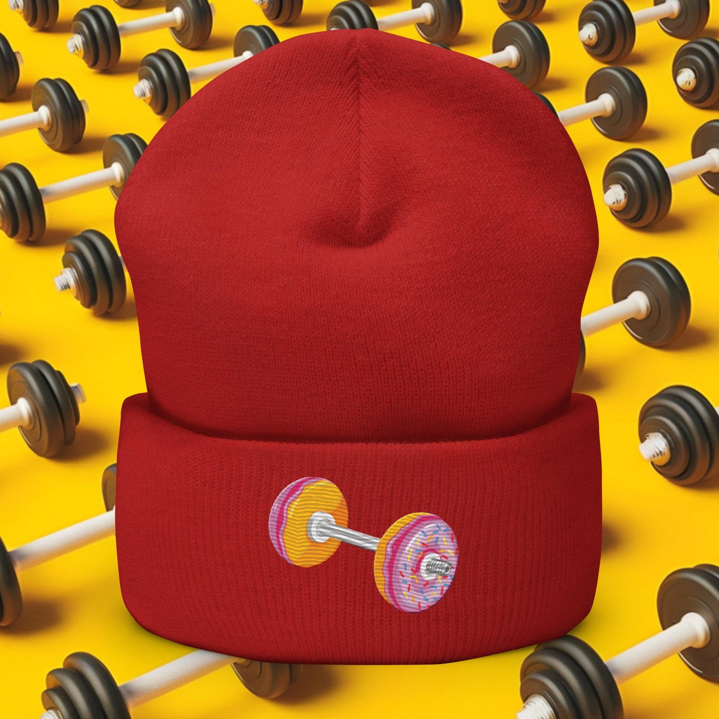 Donut Dumbbell Donuts Barbell Funny Bulk Diet Gym Workout Fitness Bodybuilding Cuffed Beanie Red Hats Bodybuilding Bulking Donuts Fast Food Fitness Gym Workout Next Cult Brand