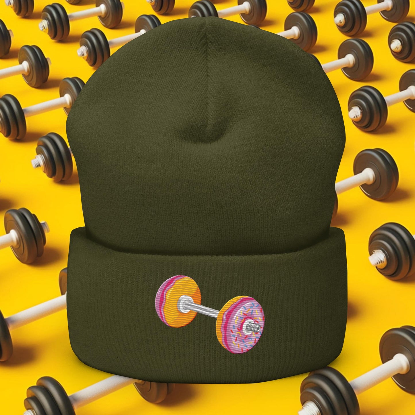 Donut Dumbbell Donuts Barbell Funny Bulk Diet Gym Workout Fitness Bodybuilding Cuffed Beanie Olive Hats Bodybuilding Bulking Donuts Fast Food Fitness Gym Workout Next Cult Brand