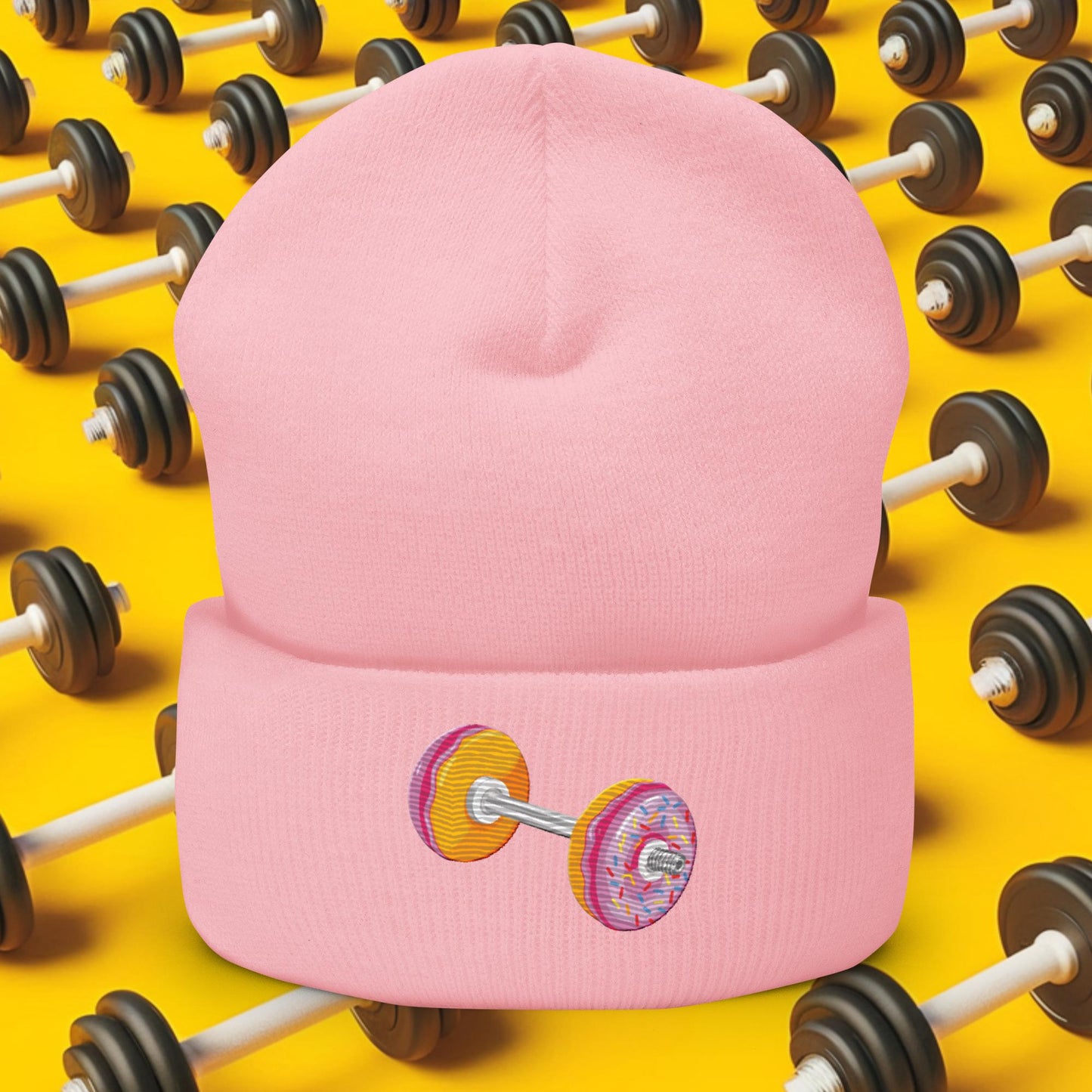 Donut Dumbbell Donuts Barbell Funny Bulk Diet Gym Workout Fitness Bodybuilding Cuffed Beanie Baby Pink Hats Bodybuilding Bulking Donuts Fast Food Fitness Gym Workout Next Cult Brand