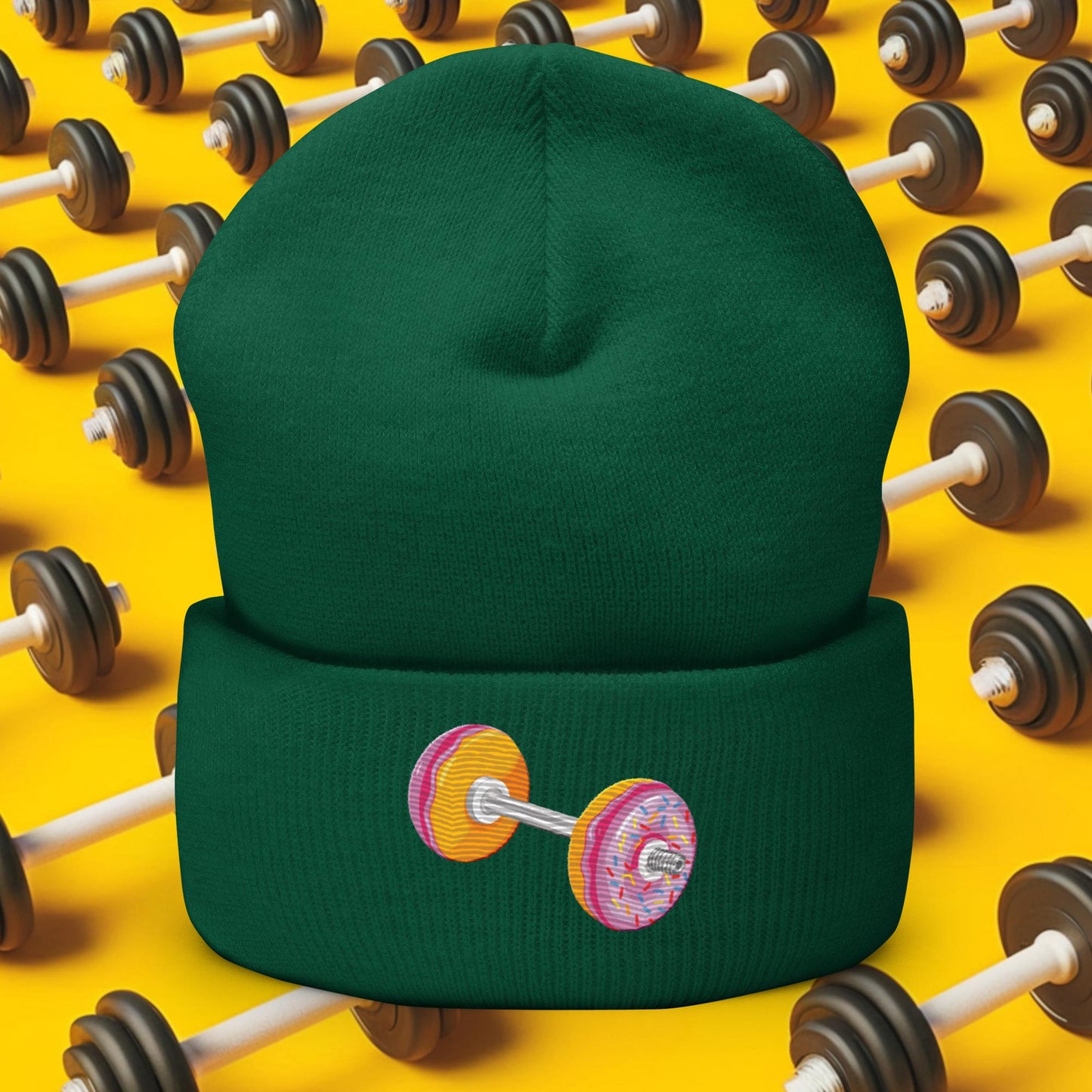 Donut Dumbbell Donuts Barbell Funny Bulk Diet Gym Workout Fitness Bodybuilding Cuffed Beanie Spruce Hats Bodybuilding Bulking Donuts Fast Food Fitness Gym Workout Next Cult Brand