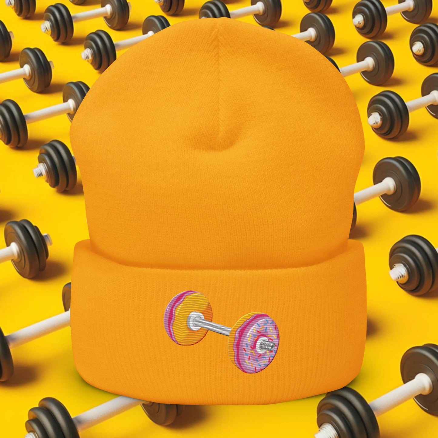 Donut Dumbbell Donuts Barbell Funny Bulk Diet Gym Workout Fitness Bodybuilding Cuffed Beanie Gold Hats Bodybuilding Bulking Donuts Fast Food Fitness Gym Workout Next Cult Brand