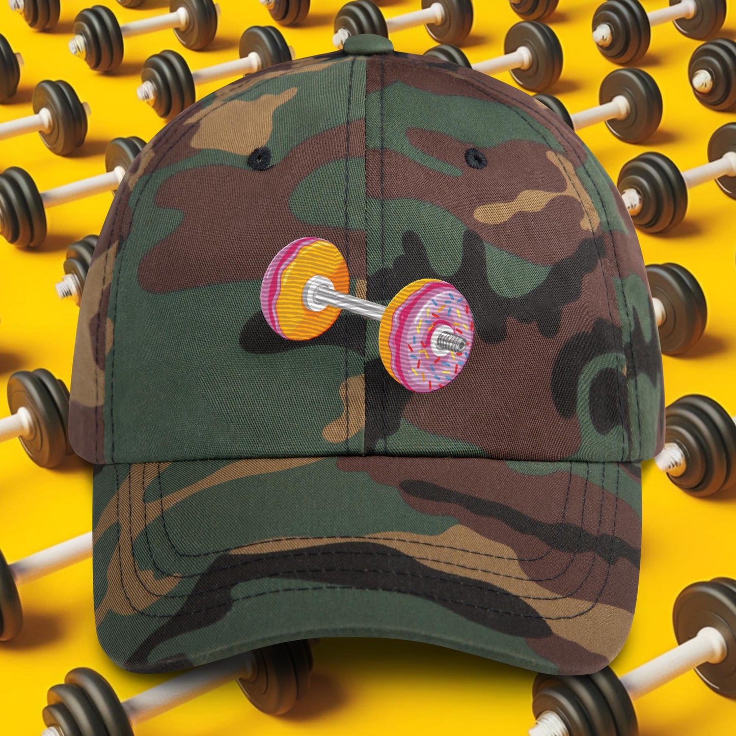 Donut Dumbbell Donuts Barbell Funny Bulk Diet Gym Workout Fitness Bodybuilding Dad hat Green Camo Hats Bodybuilding Bulking Donuts Fast Food Fitness Gym Workout Next Cult Brand