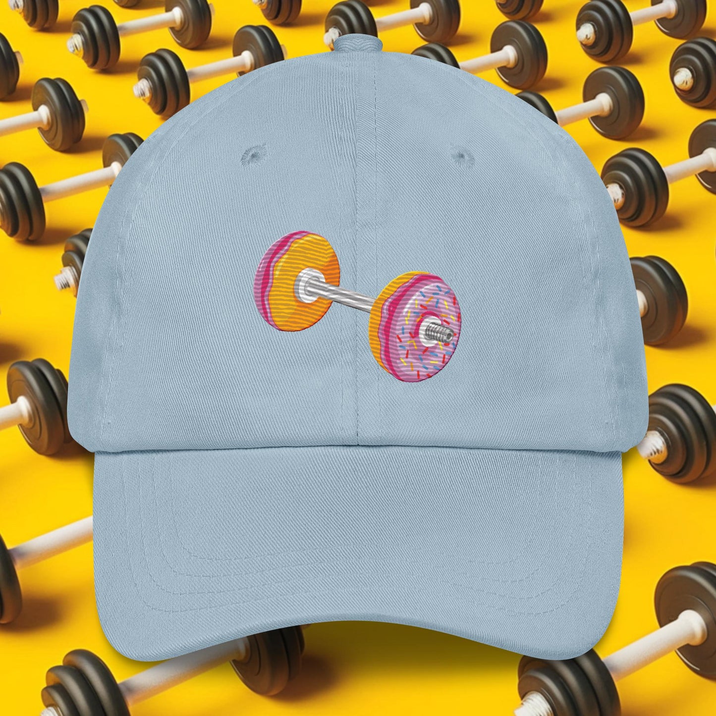 Donut Dumbbell Donuts Barbell Funny Bulk Diet Gym Workout Fitness Bodybuilding Dad hat Light Blue Hats Bodybuilding Bulking Donuts Fast Food Fitness Gym Workout Next Cult Brand