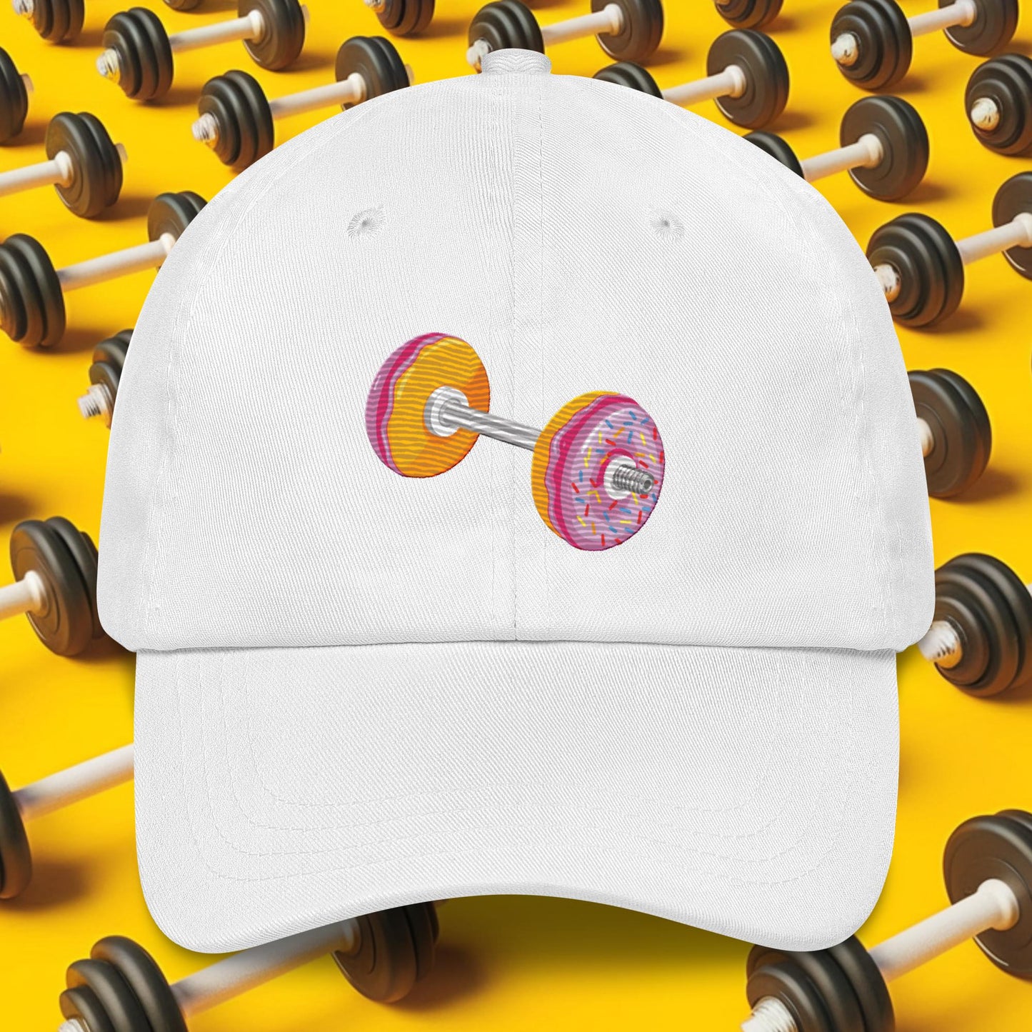 Donut Dumbbell Donuts Barbell Funny Bulk Diet Gym Workout Fitness Bodybuilding Dad hat White Hats Bodybuilding Bulking Donuts Fast Food Fitness Gym Workout Next Cult Brand
