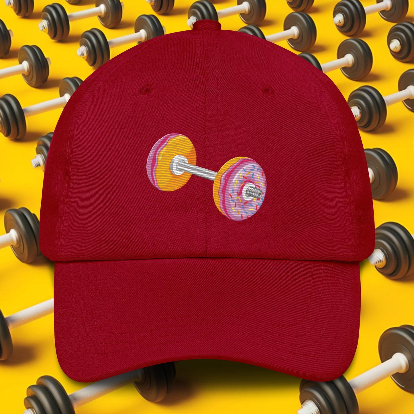 Donut Dumbbell Donuts Barbell Funny Bulk Diet Gym Workout Fitness Bodybuilding Dad hat Cranberry Hats Bodybuilding Bulking Donuts Fast Food Fitness Gym Workout Next Cult Brand