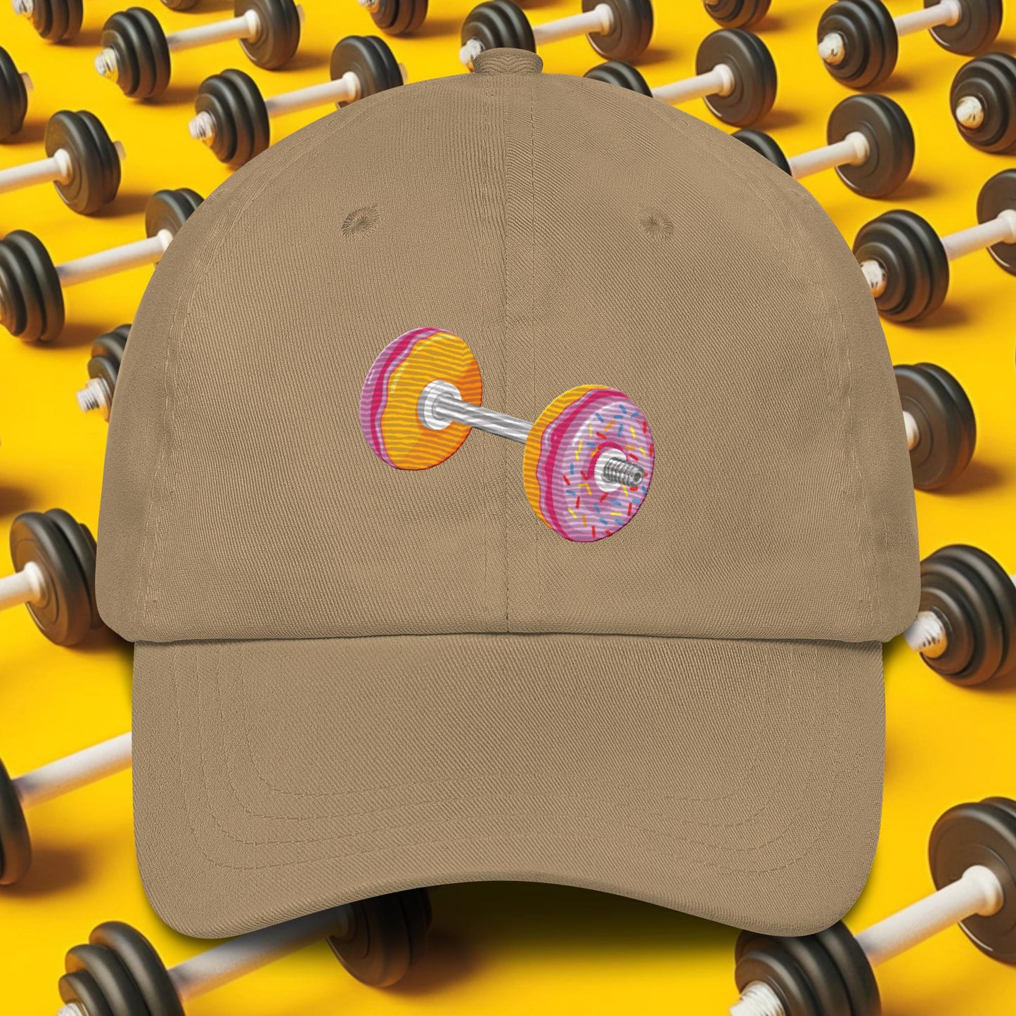 Donut Dumbbell Donuts Barbell Funny Bulk Diet Gym Workout Fitness Bodybuilding Dad hat Khaki Hats Bulking Donuts Fast Food Next Cult Brand