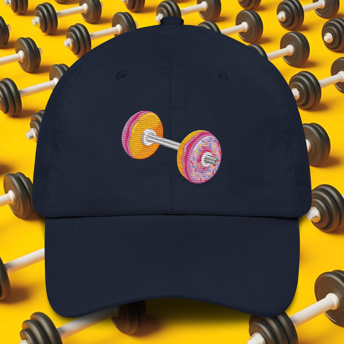 Donut Dumbbell Donuts Barbell Funny Bulk Diet Gym Workout Fitness Bodybuilding Dad hat Navy Hats Bodybuilding Bulking Donuts Fast Food Fitness Gym Workout Next Cult Brand