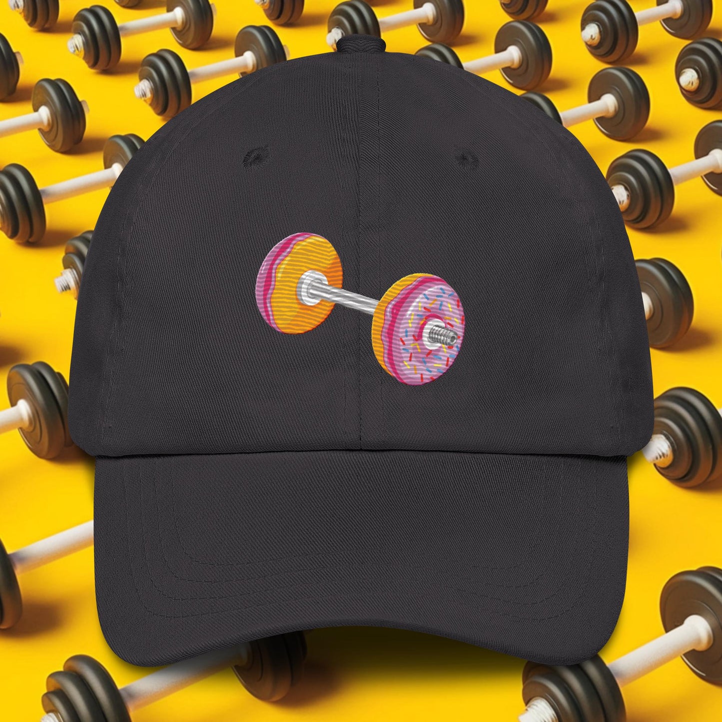 Donut Dumbbell Donuts Barbell Funny Bulk Diet Gym Workout Fitness Bodybuilding Dad hat Dark Grey Hats Bodybuilding Bulking Donuts Fast Food Fitness Gym Workout Next Cult Brand