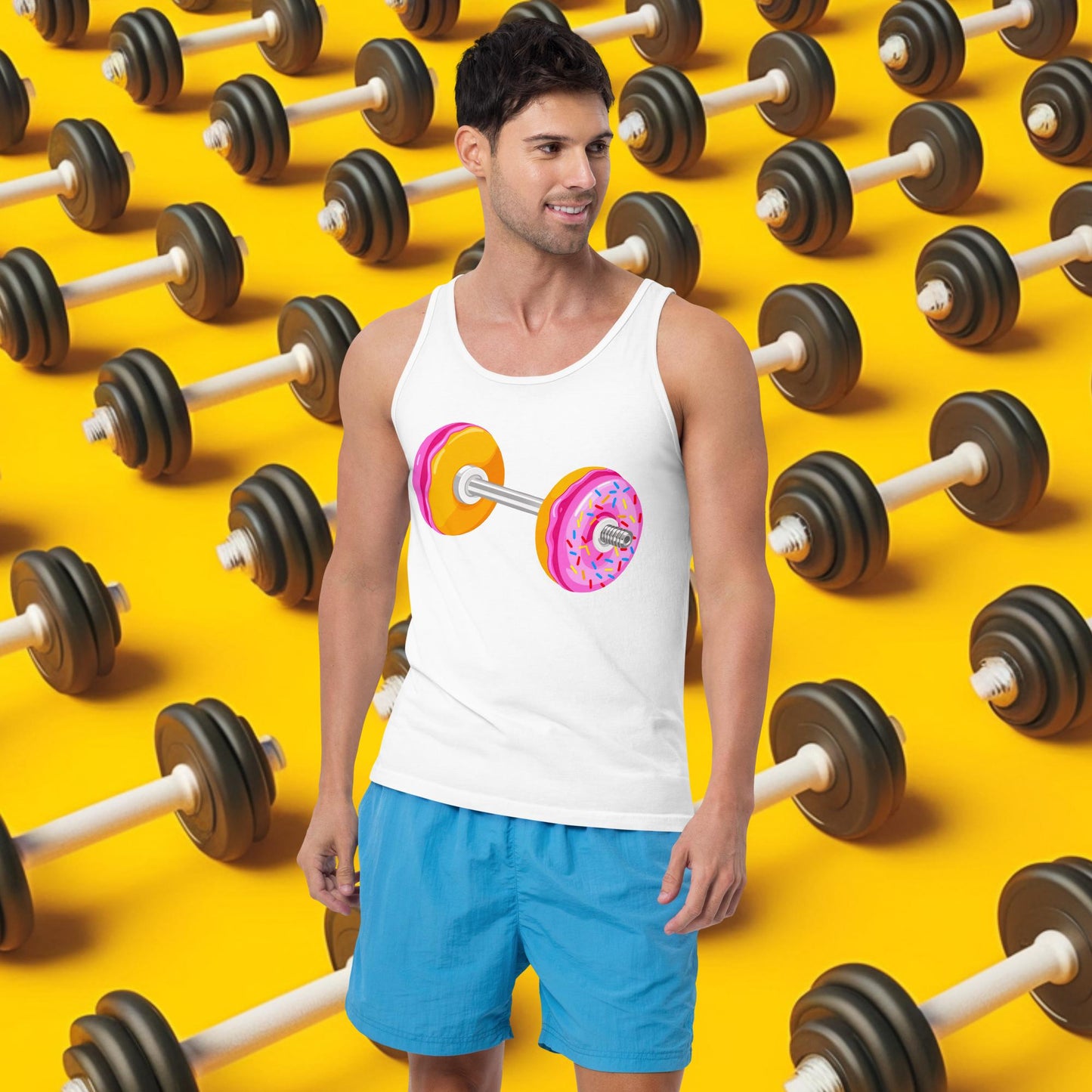Donut Dumbbell Donuts Barbell Funny Bulk Diet Gym Workout Fitness Bodybuilding Tank Top White Tank Tops Bodybuilding Bulking Donuts Fast Food Fitness Gym Workout Next Cult Brand