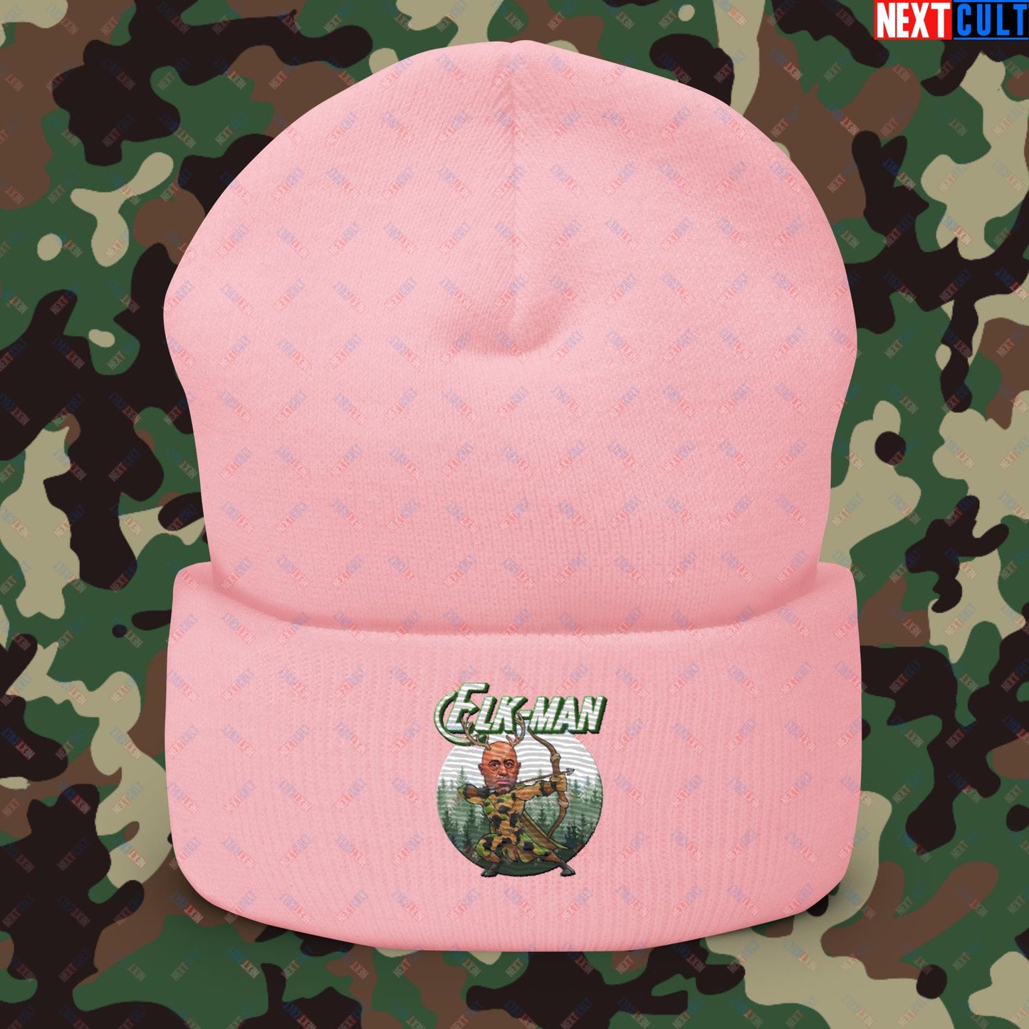 Elk-Man Joe Rogan Funny Hunting JRE Podcast Cuffed Beanie Baby Pink Hats Joe Rogan Podcasts Stand-up Comedy Next Cult Brand