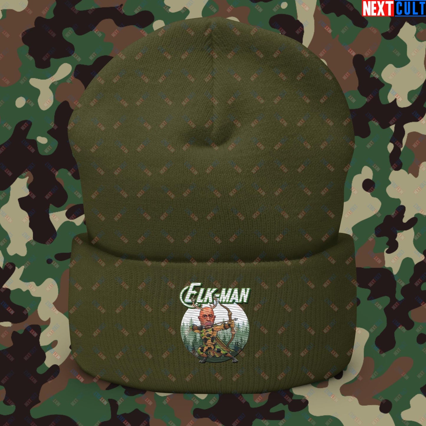 Elk-Man Joe Rogan Funny Hunting JRE Podcast Cuffed Beanie Olive Hats Joe Rogan Podcasts Stand-up Comedy Next Cult Brand