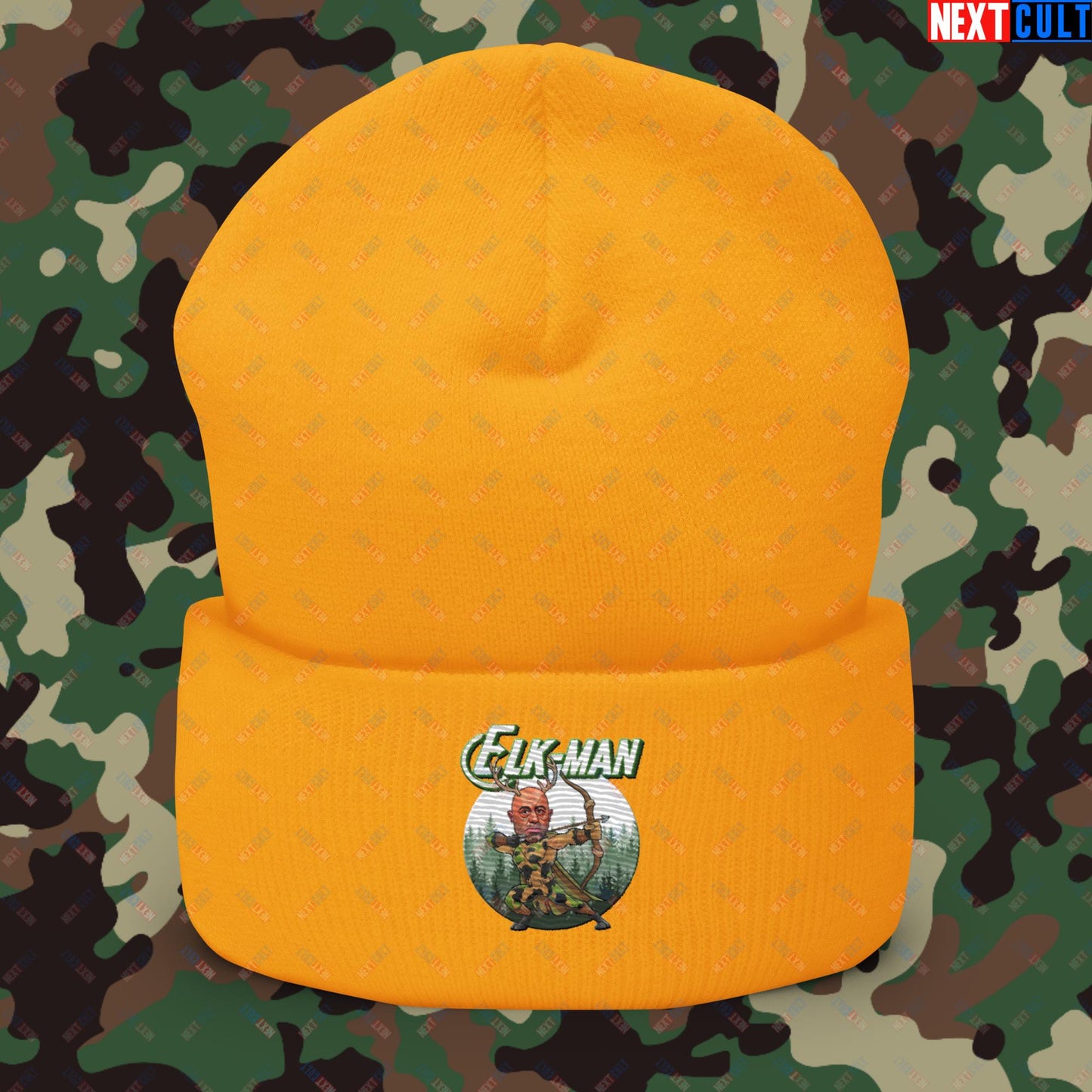 Elk-Man Joe Rogan Funny Hunting JRE Podcast Cuffed Beanie Gold Hats Joe Rogan Podcasts Stand-up Comedy Next Cult Brand