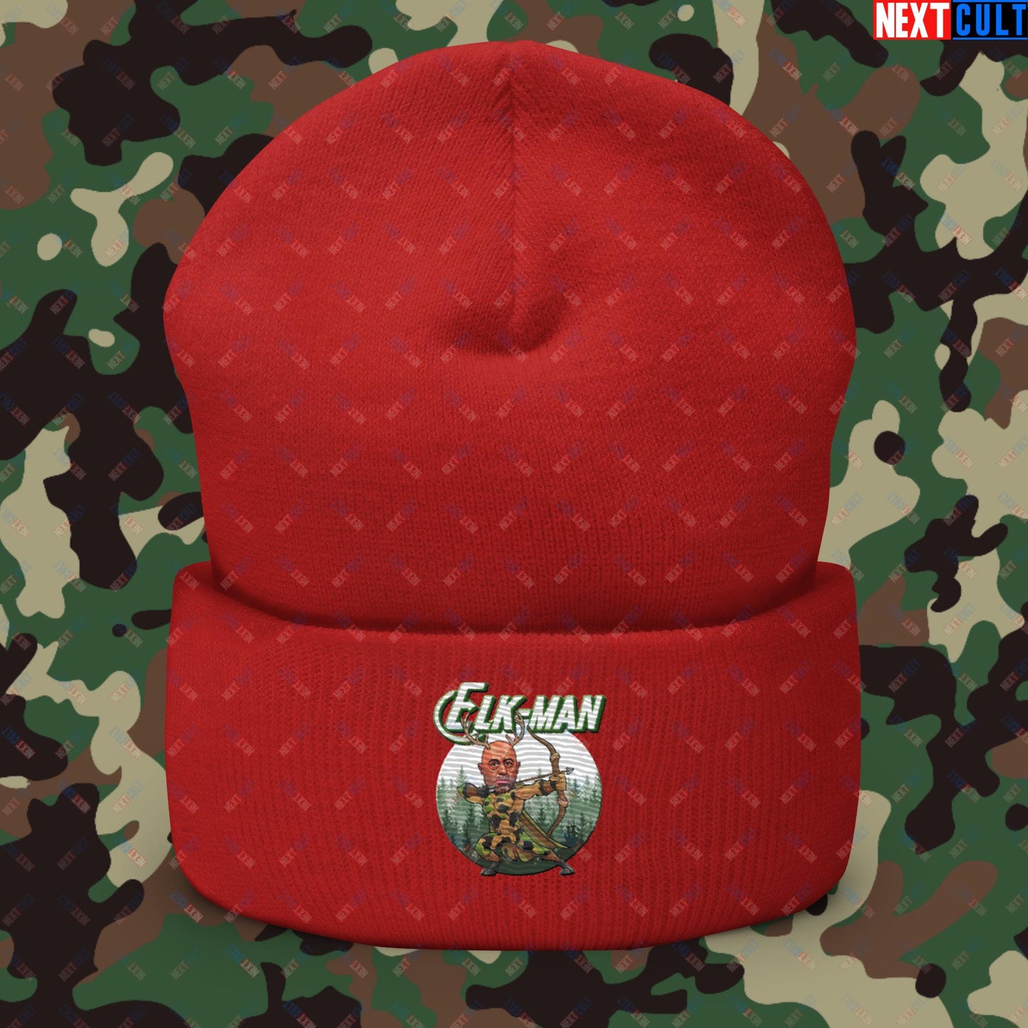 Elk-Man Joe Rogan Funny Hunting JRE Podcast Cuffed Beanie Red Hats Joe Rogan Podcasts Stand-up Comedy Next Cult Brand