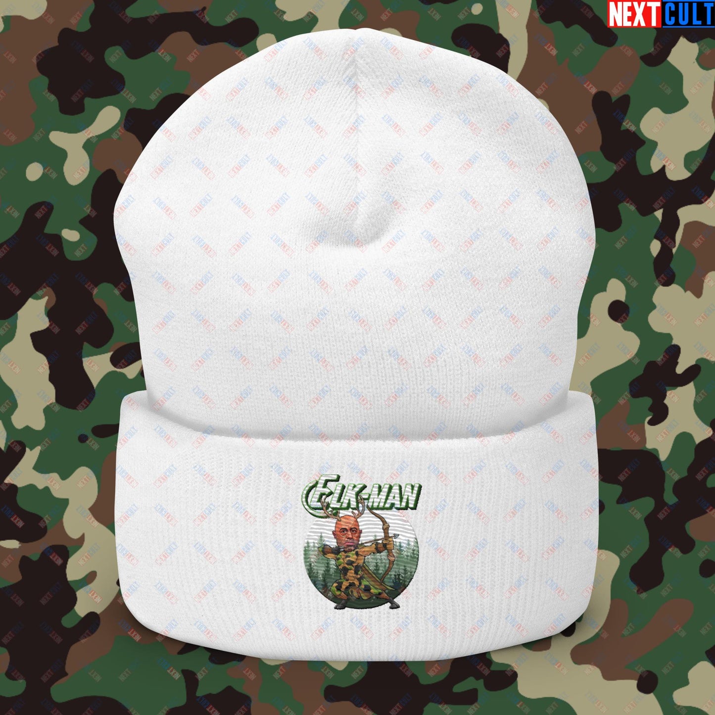 Elk-Man Joe Rogan Funny Hunting JRE Podcast Cuffed Beanie White Hats Joe Rogan Podcasts Stand-up Comedy Next Cult Brand