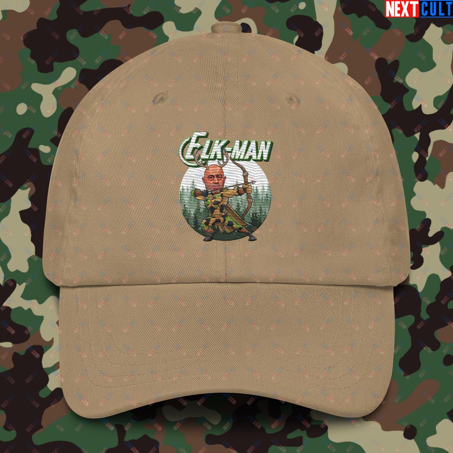 Elk-Man Joe Rogan Funny Hunting JRE Podcast Dad hat Khaki Hats Joe Rogan Podcasts Stand-up Comedy Next Cult Brand