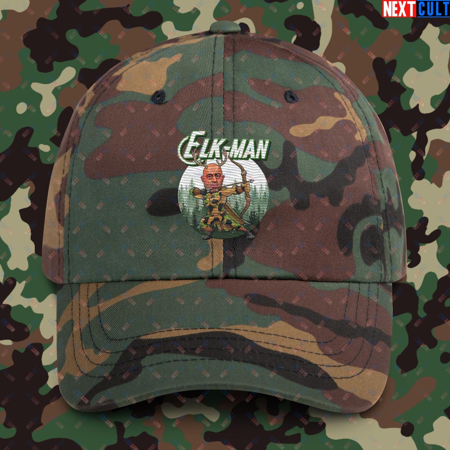 Elk-Man Joe Rogan Funny Hunting JRE Podcast Dad hat Green Camo Hats Joe Rogan Podcasts Stand-up Comedy Next Cult Brand
