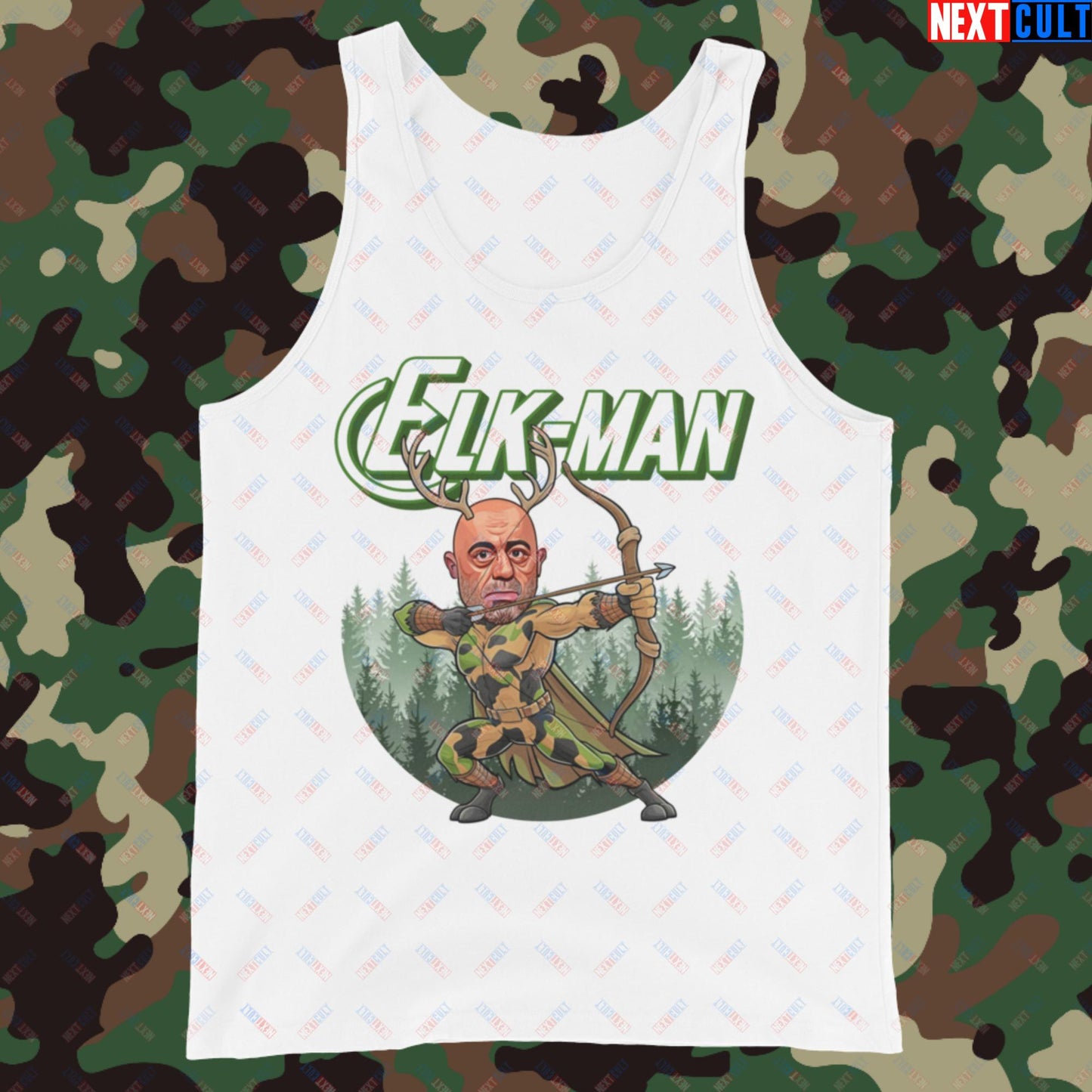 Elk-Man Joe Rogan Funny Hunting JRE Podcast Tank Top White Tank Tops Joe Rogan Podcasts Stand-up Comedy Next Cult Brand