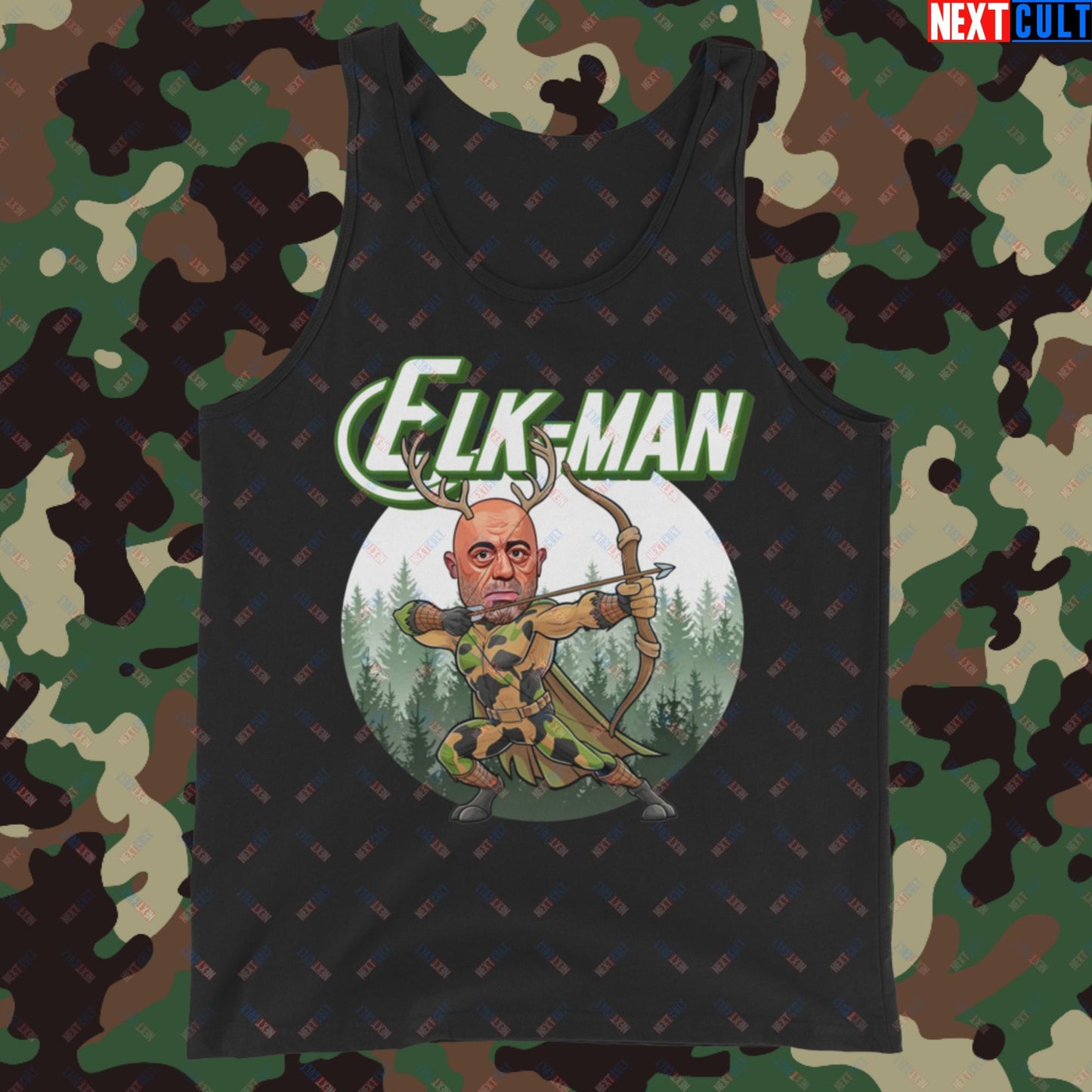 Elk-Man Joe Rogan Funny Hunting JRE Podcast Tank Top Black Tank Tops Joe Rogan Podcasts Stand-up Comedy Next Cult Brand