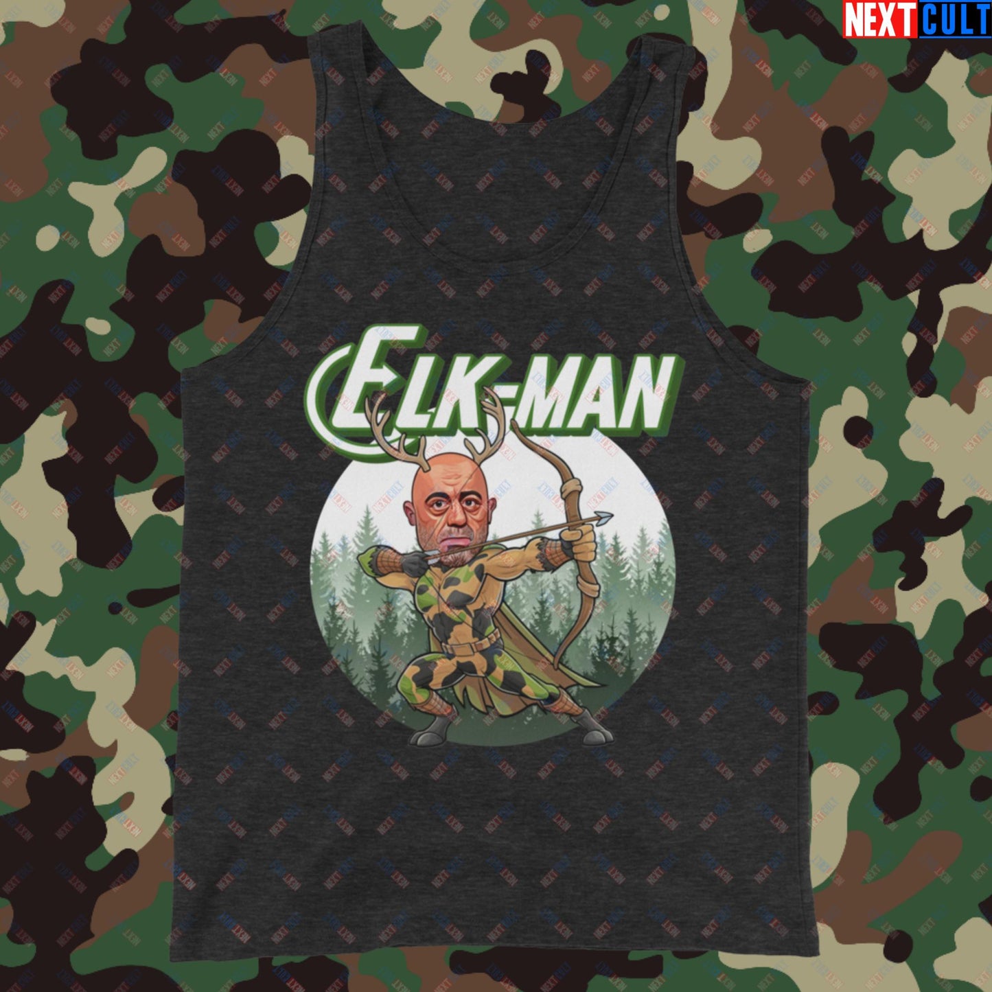 Elk-Man Joe Rogan Funny Hunting JRE Podcast Tank Top Charcoal-Black Triblend Tank Tops Joe Rogan Podcasts Stand-up Comedy Next Cult Brand