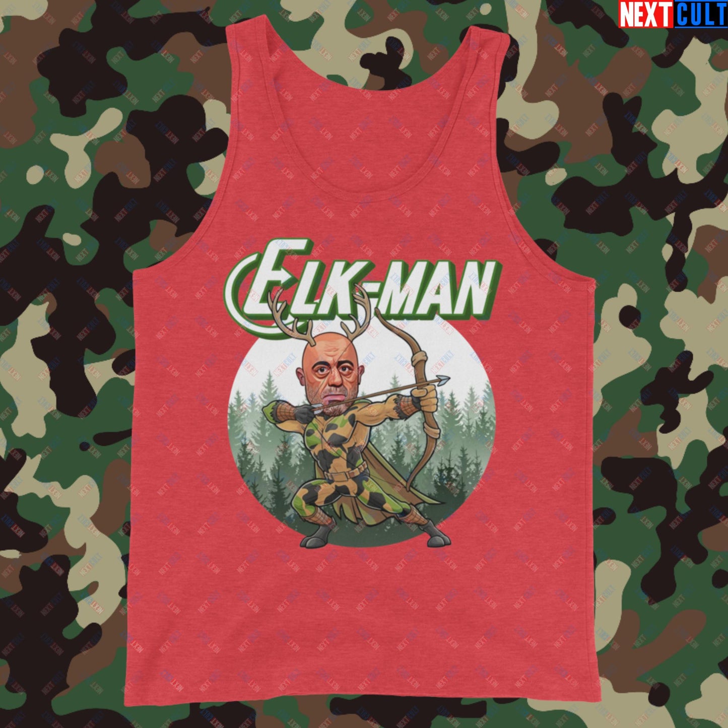 Elk-Man Joe Rogan Funny Hunting JRE Podcast Tank Top Red Triblend Tank Tops Joe Rogan Podcasts Stand-up Comedy Next Cult Brand
