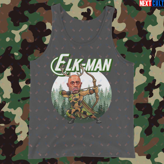 Elk-Man Joe Rogan Funny Hunting JRE Podcast Tank Top Asphalt Tank Tops Joe Rogan Podcasts Stand-up Comedy Next Cult Brand