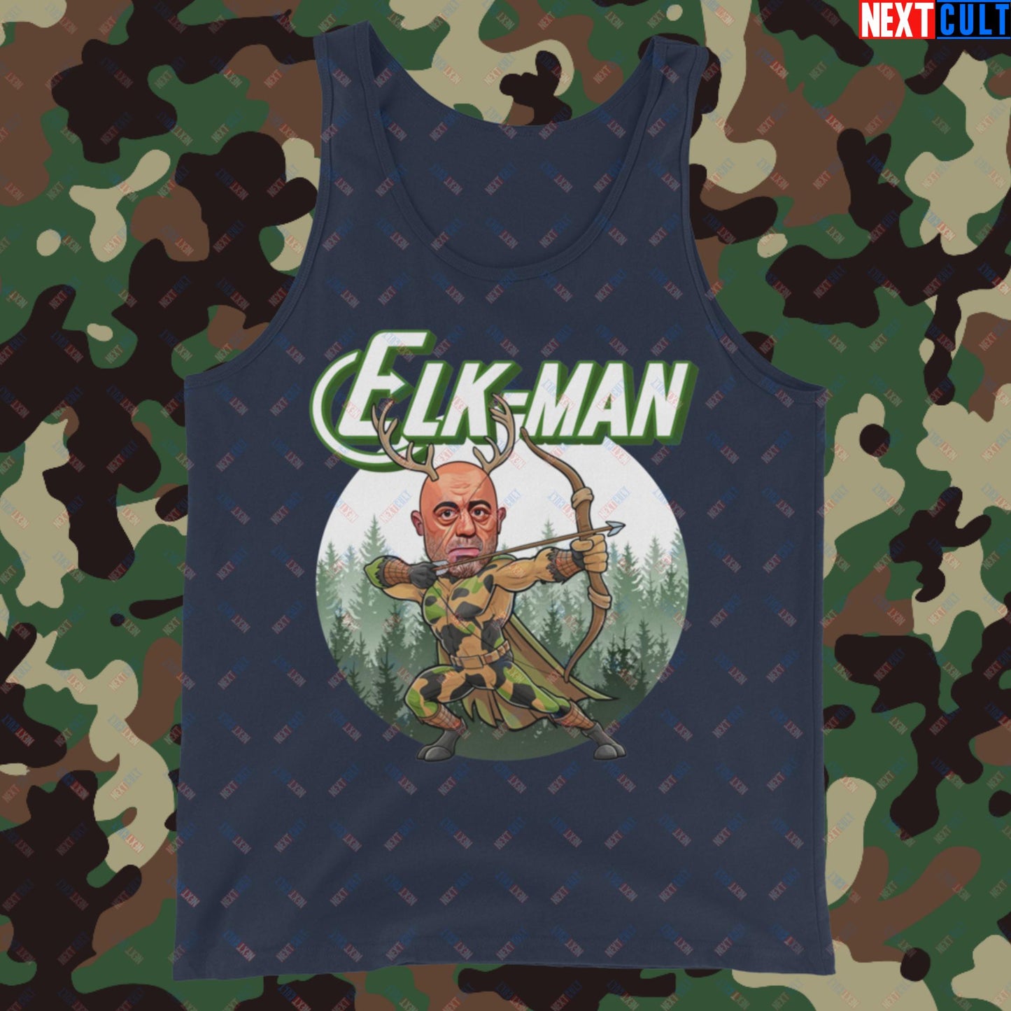 Elk-Man Joe Rogan Funny Hunting JRE Podcast Tank Top Navy Tank Tops Joe Rogan Podcasts Stand-up Comedy Next Cult Brand