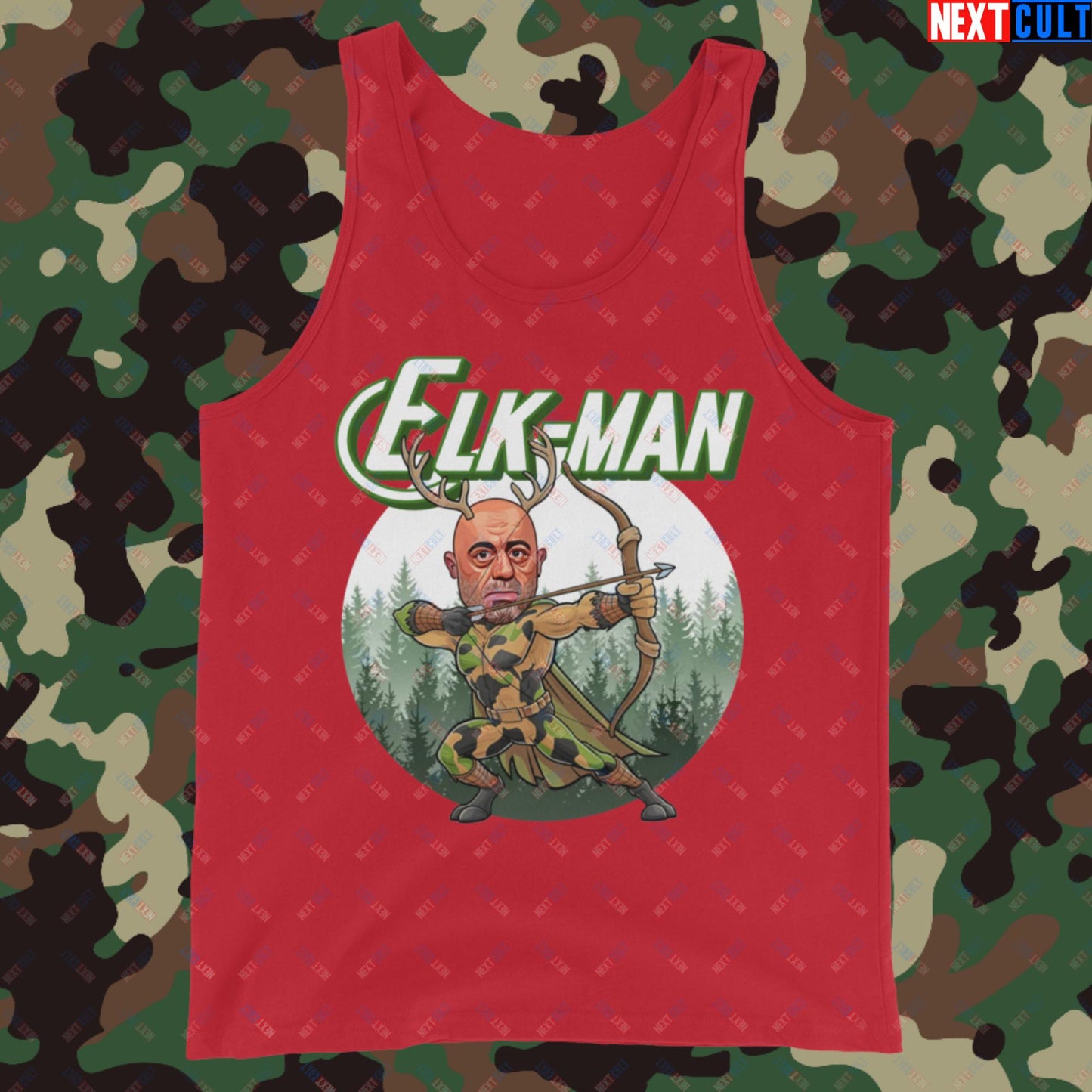 Elk-Man Joe Rogan Funny Hunting JRE Podcast Tank Top Red Tank Tops Joe Rogan Podcasts Stand-up Comedy Next Cult Brand