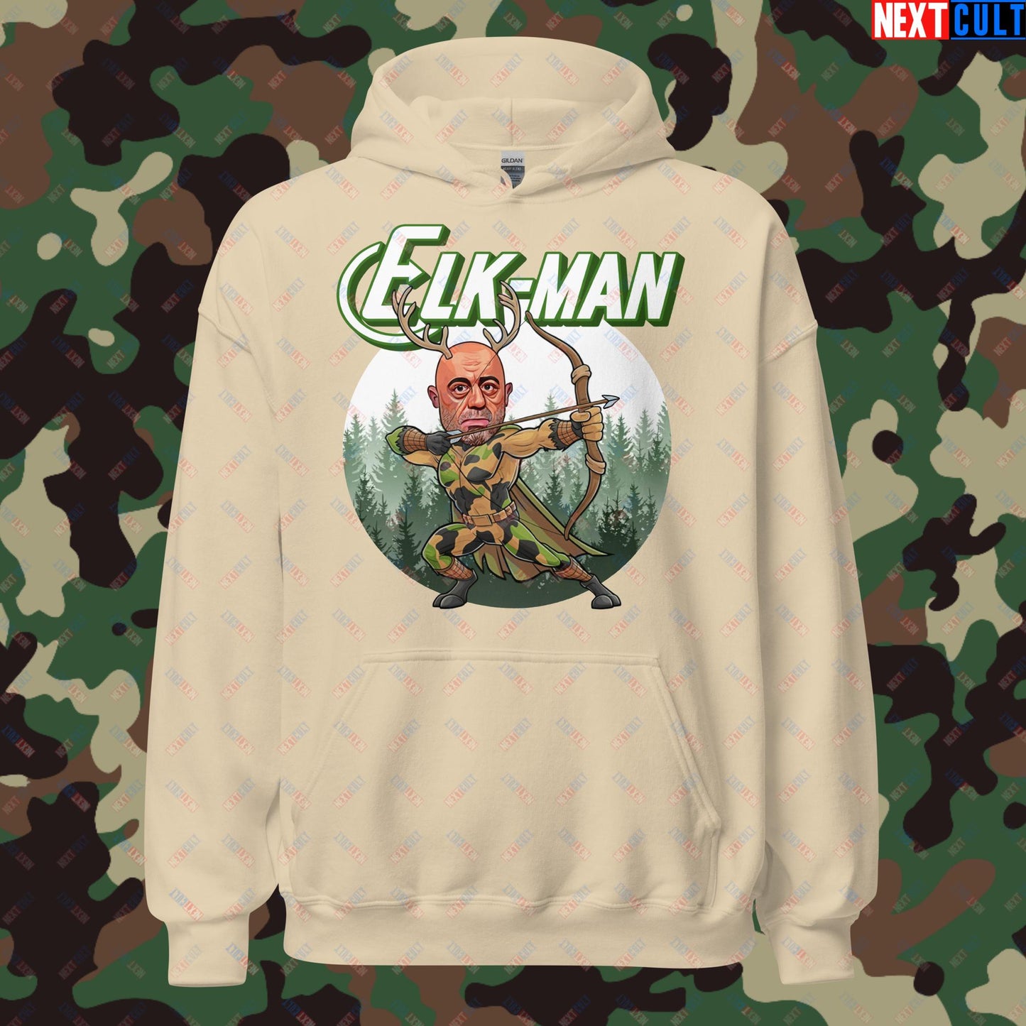 Elk-Man Joe Rogan Funny Hunting JRE Podcast Unisex Hoodie Sand Hoodies Joe Rogan Podcasts Stand-up Comedy Next Cult Brand