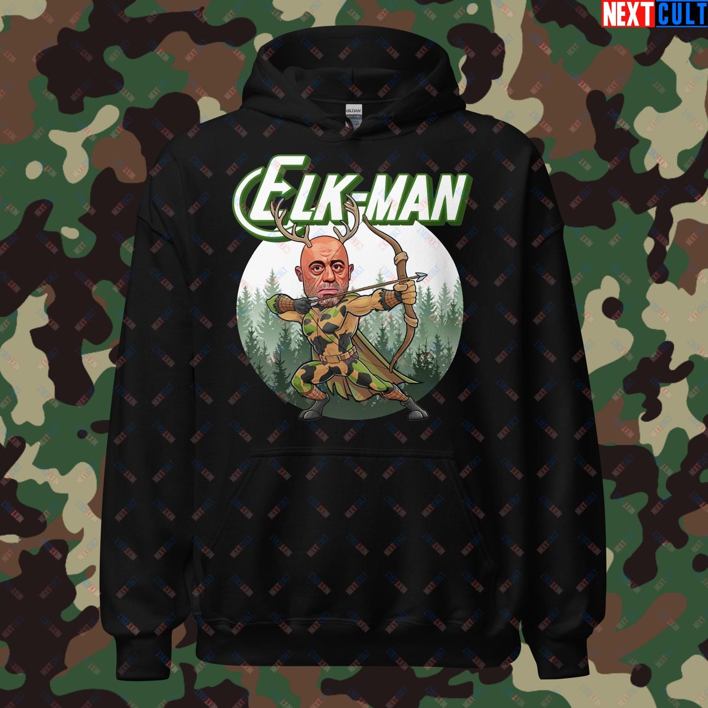 Elk-Man Joe Rogan Funny Hunting JRE Podcast Unisex Hoodie Black Hoodies Joe Rogan Podcasts Stand-up Comedy Next Cult Brand