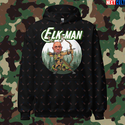 Elk-Man Joe Rogan Funny Hunting JRE Podcast Unisex Hoodie Black Hoodies Joe Rogan Podcasts Stand-up Comedy Next Cult Brand