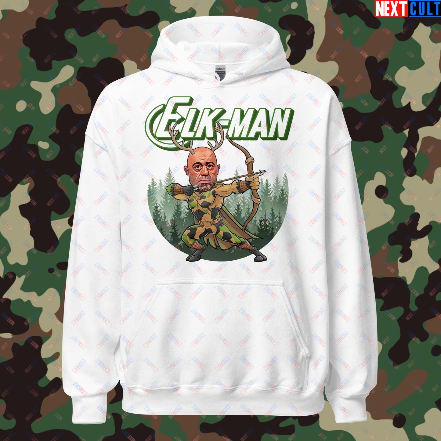 Elk-Man Joe Rogan Funny Hunting JRE Podcast Unisex Hoodie White Hoodies Joe Rogan Podcasts Stand-up Comedy Next Cult Brand