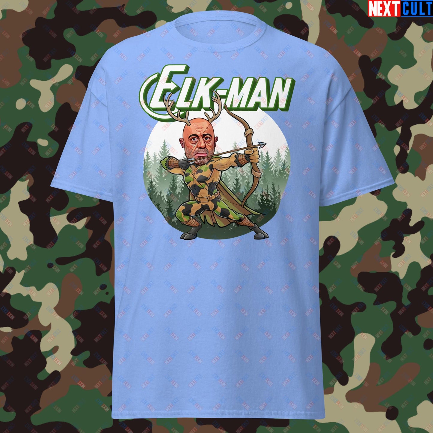 Elk-Man Joe Rogan Funny Hunting JRE Podcast Unisex tee Carolina Blue T-shirts Joe Rogan Podcasts Stand-up Comedy Next Cult Brand