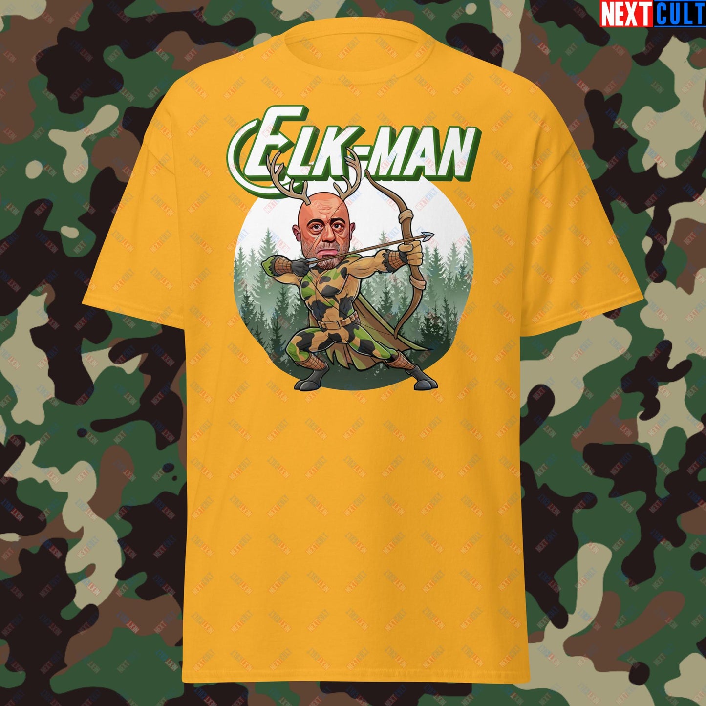 Elk-Man Joe Rogan Funny Hunting JRE Podcast Unisex tee Gold T-shirts Joe Rogan Podcasts Stand-up Comedy Next Cult Brand